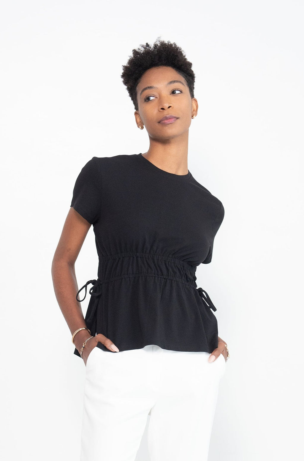 Ruched Side Tie T-Shirt, Black