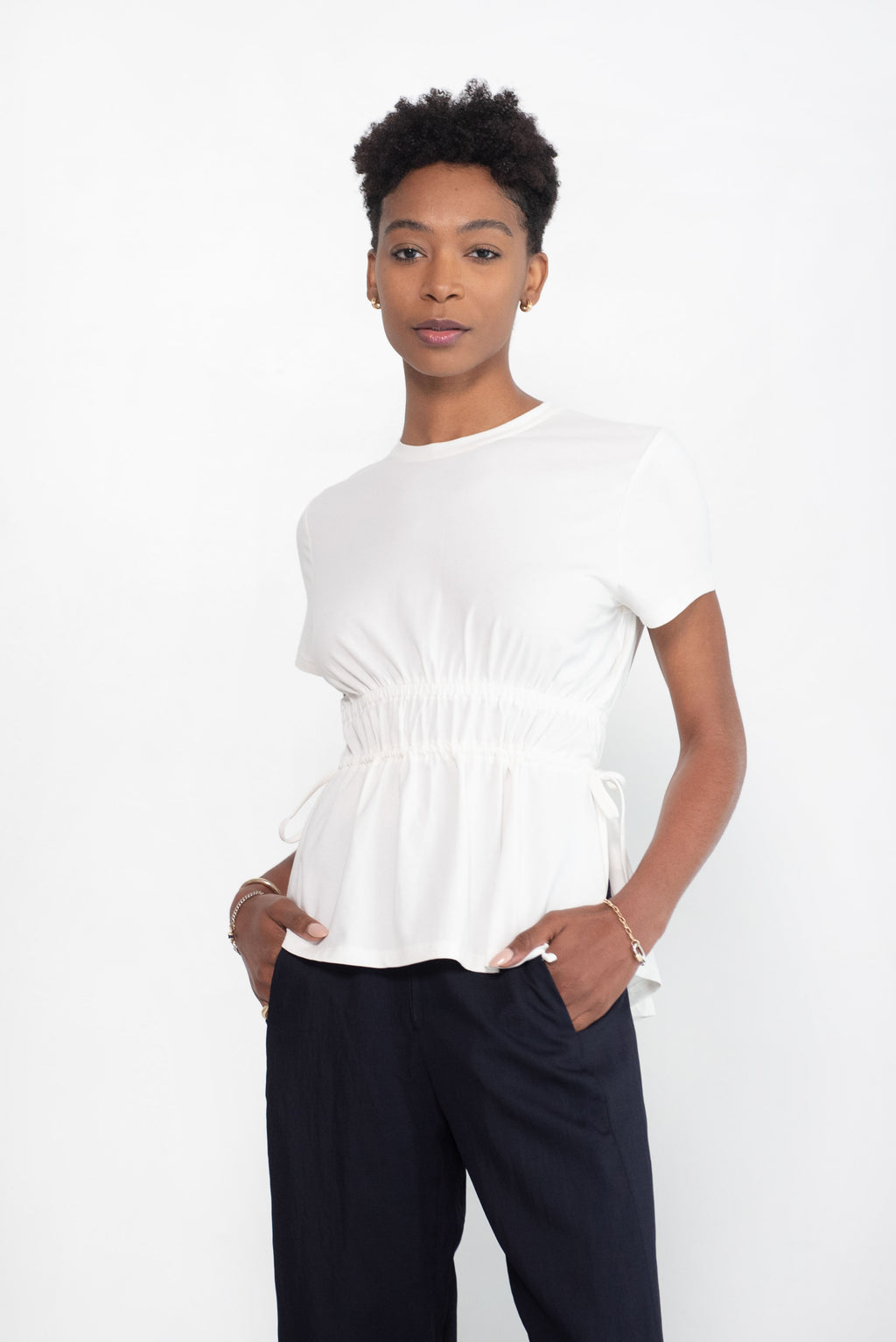 Ruched Side Tie T-Shirt, Off White