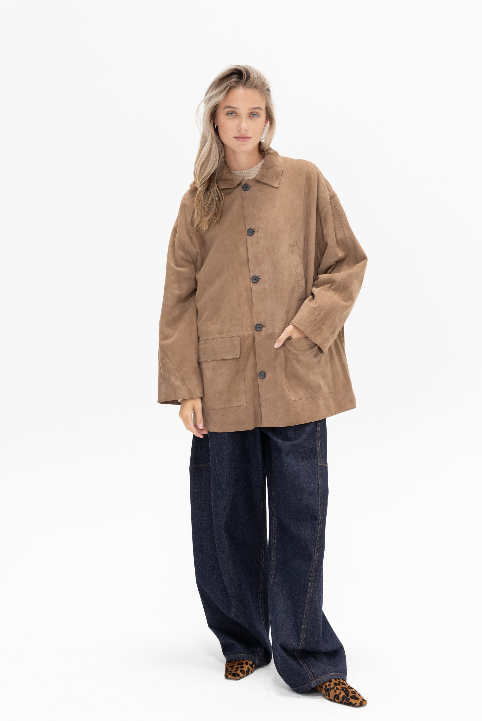 TIBI - Suede Car Coat, Tan