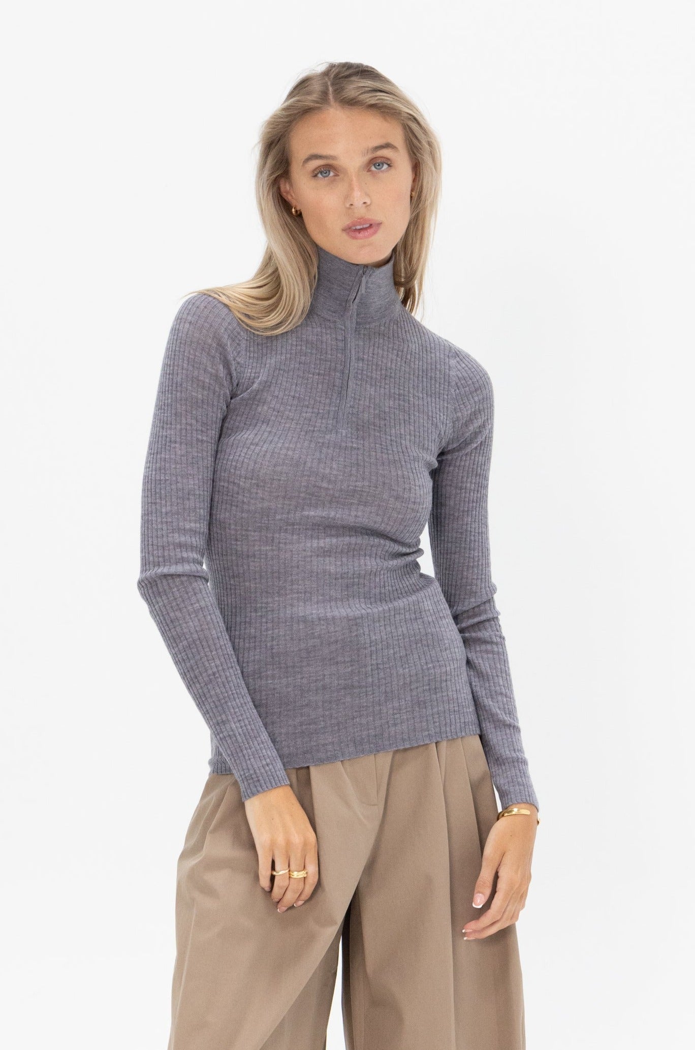 TIBI - Zip-Up Turtleneck Sweater, Grey