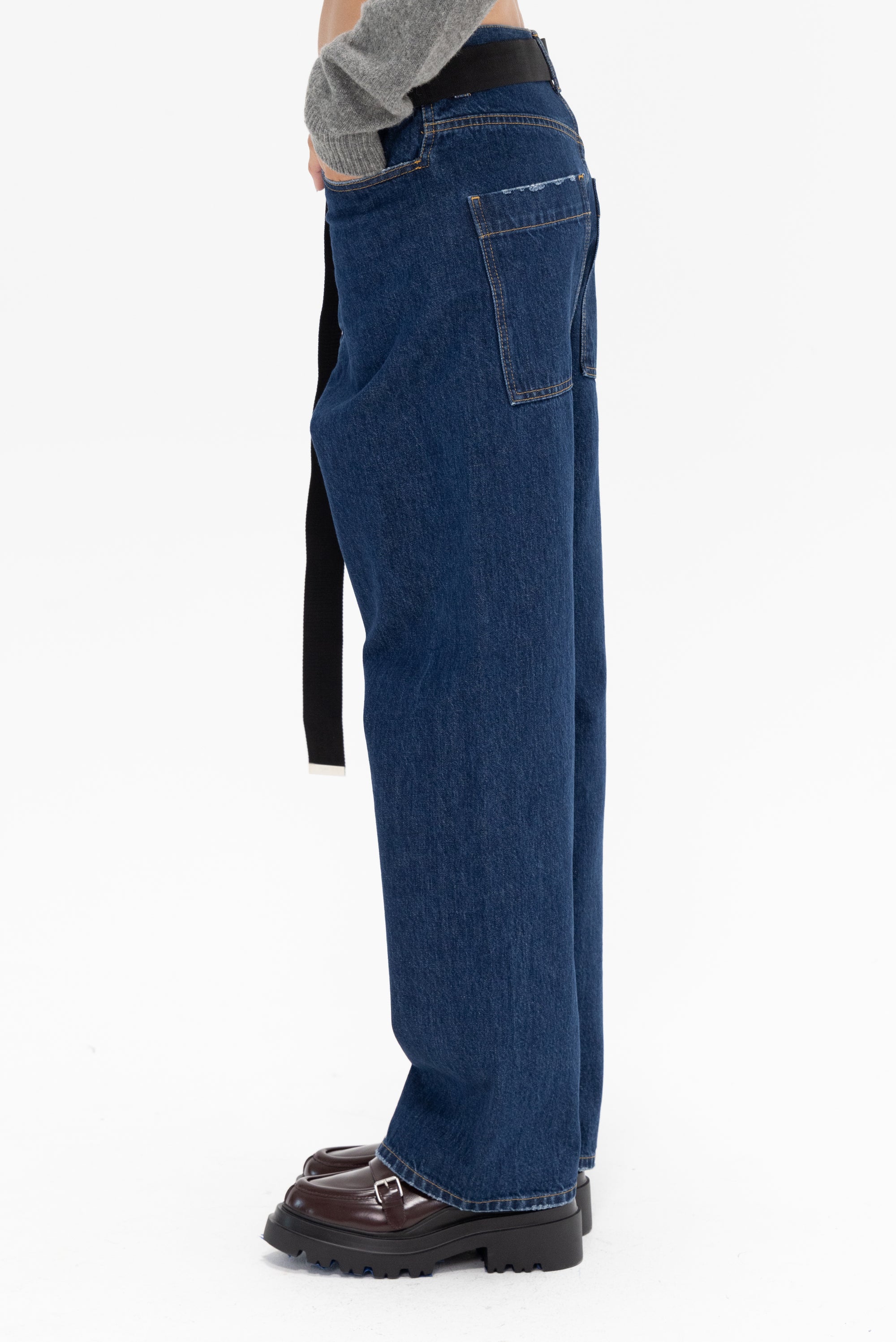 PLAN C - Wide Leg Black Belted Jeans, Denim