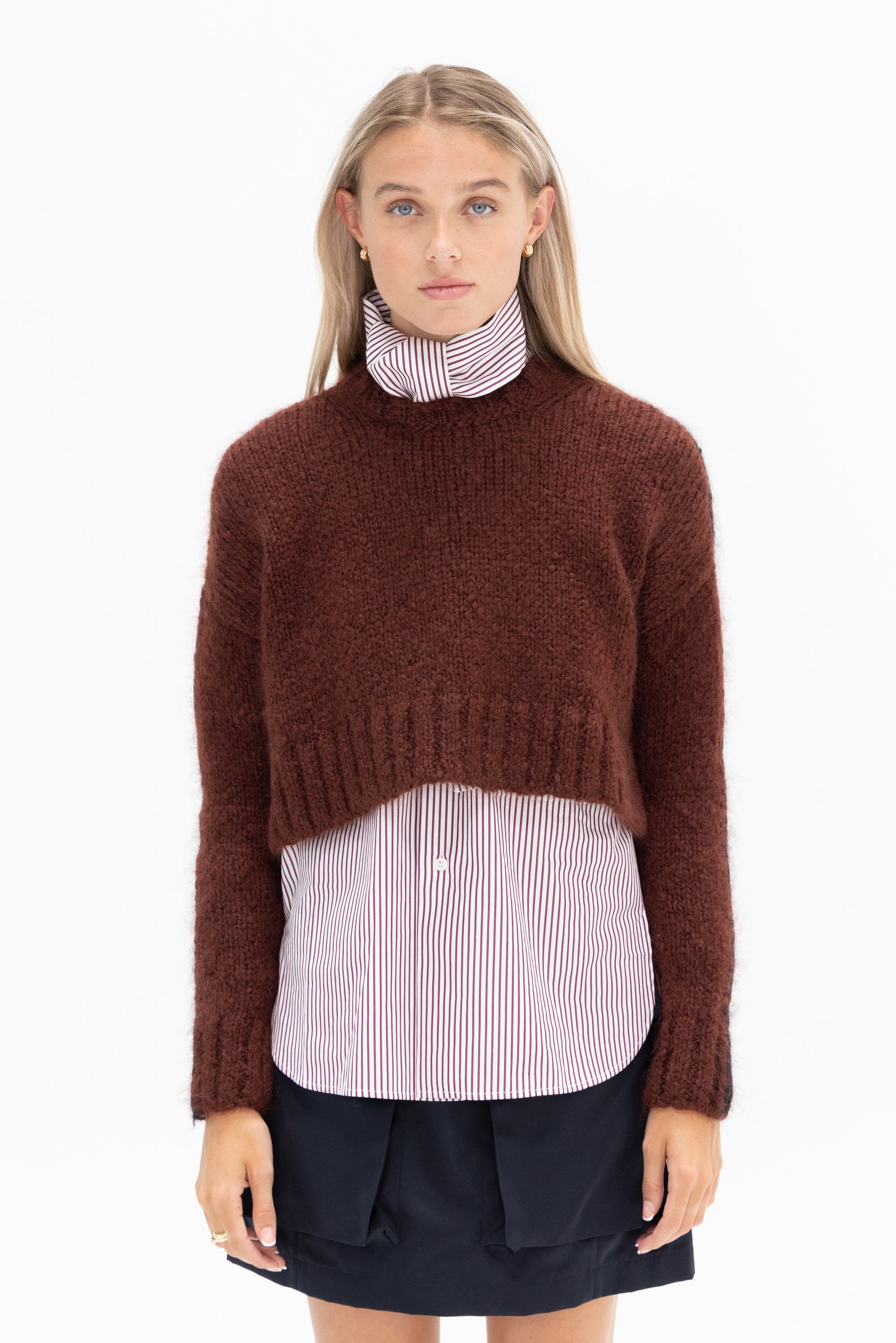 PLAN C - Long Sleeve Crew Neck Knit, Brown and Blue