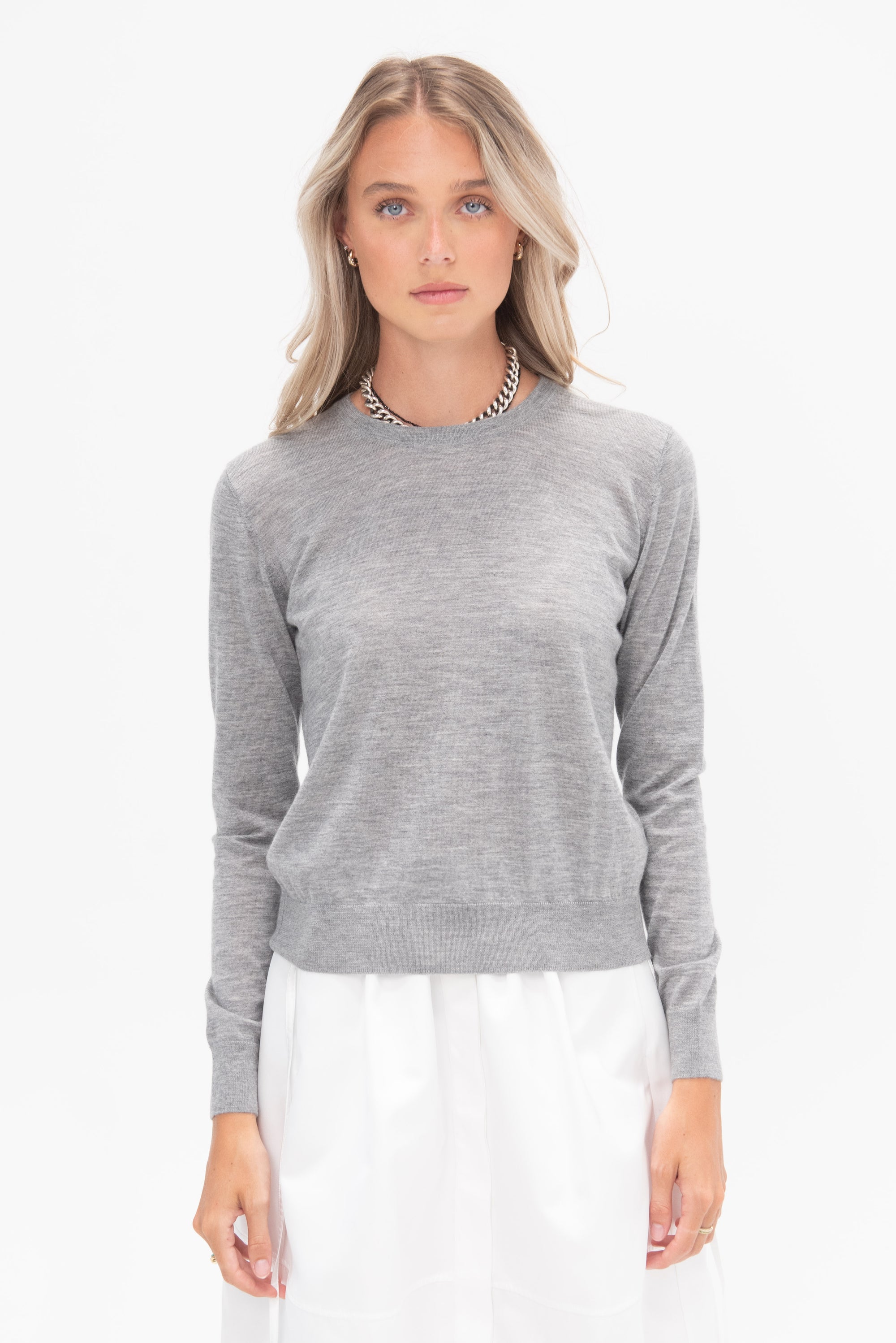 ALLUDE - Round Neck Sweater, Heather Melange