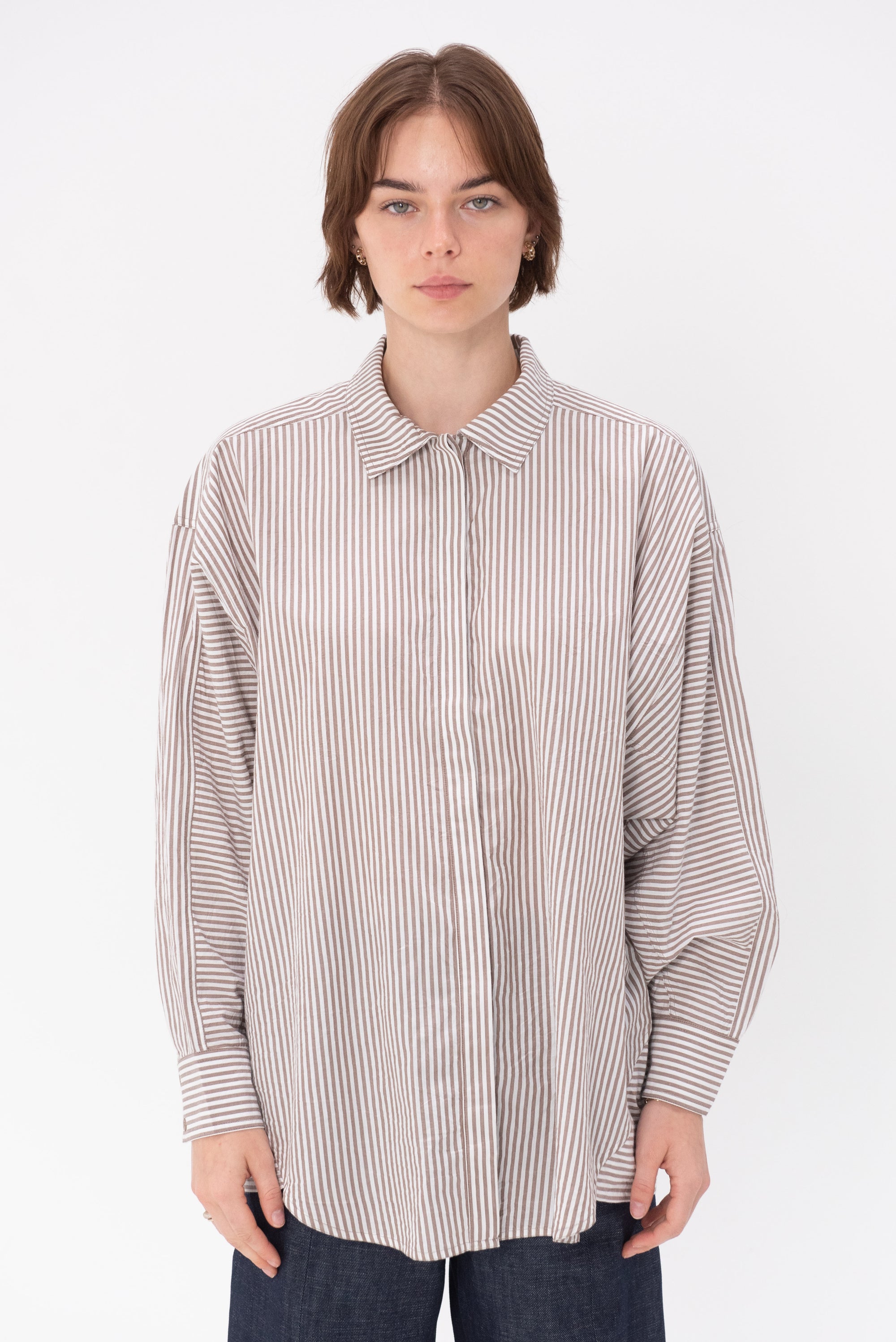 APIECE APART - Kaarina Dolman Button Down, Sand & White Stripes