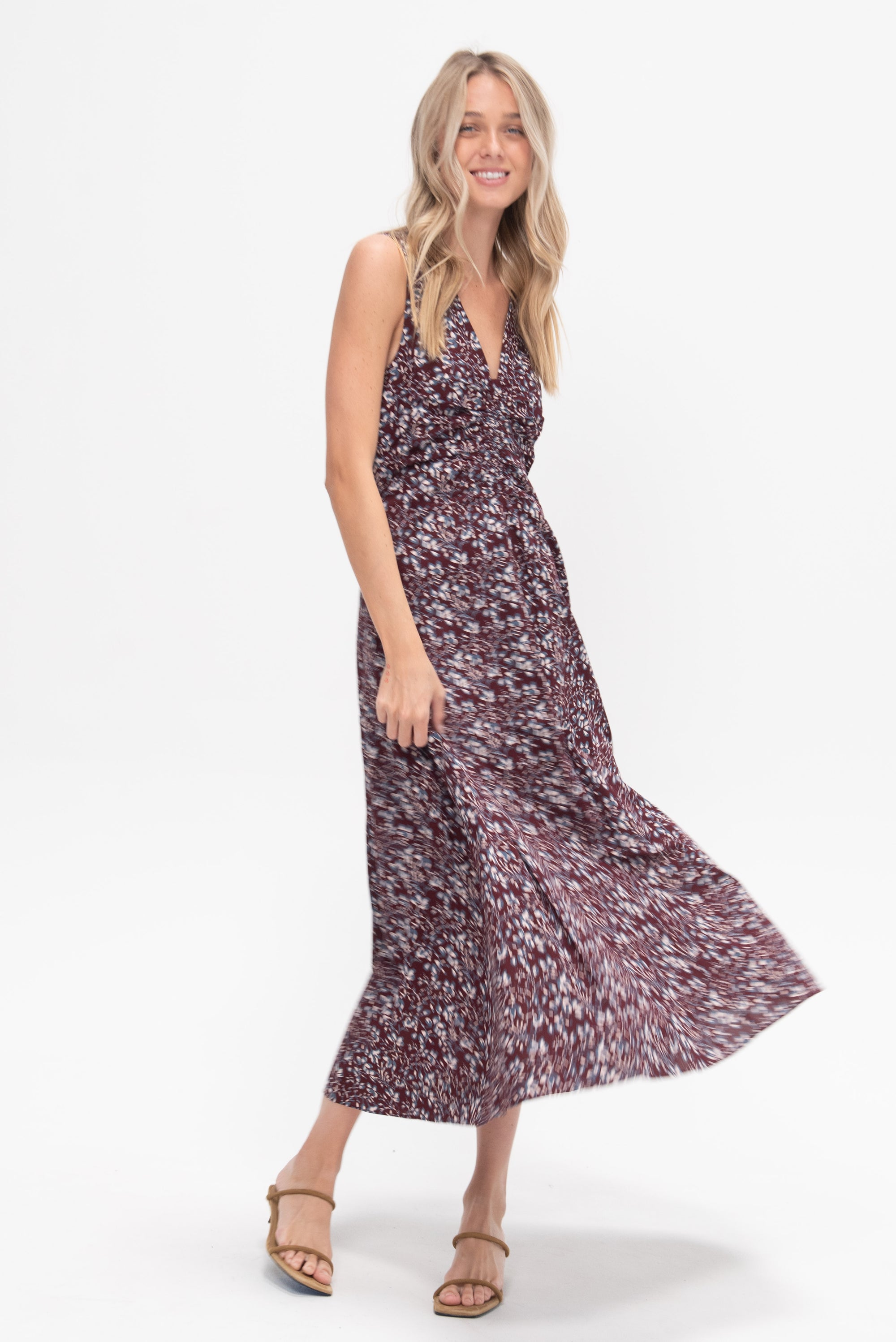 APIECE APART - Fatima Ruched Tank Dress, Mira Floral Wine Tasting