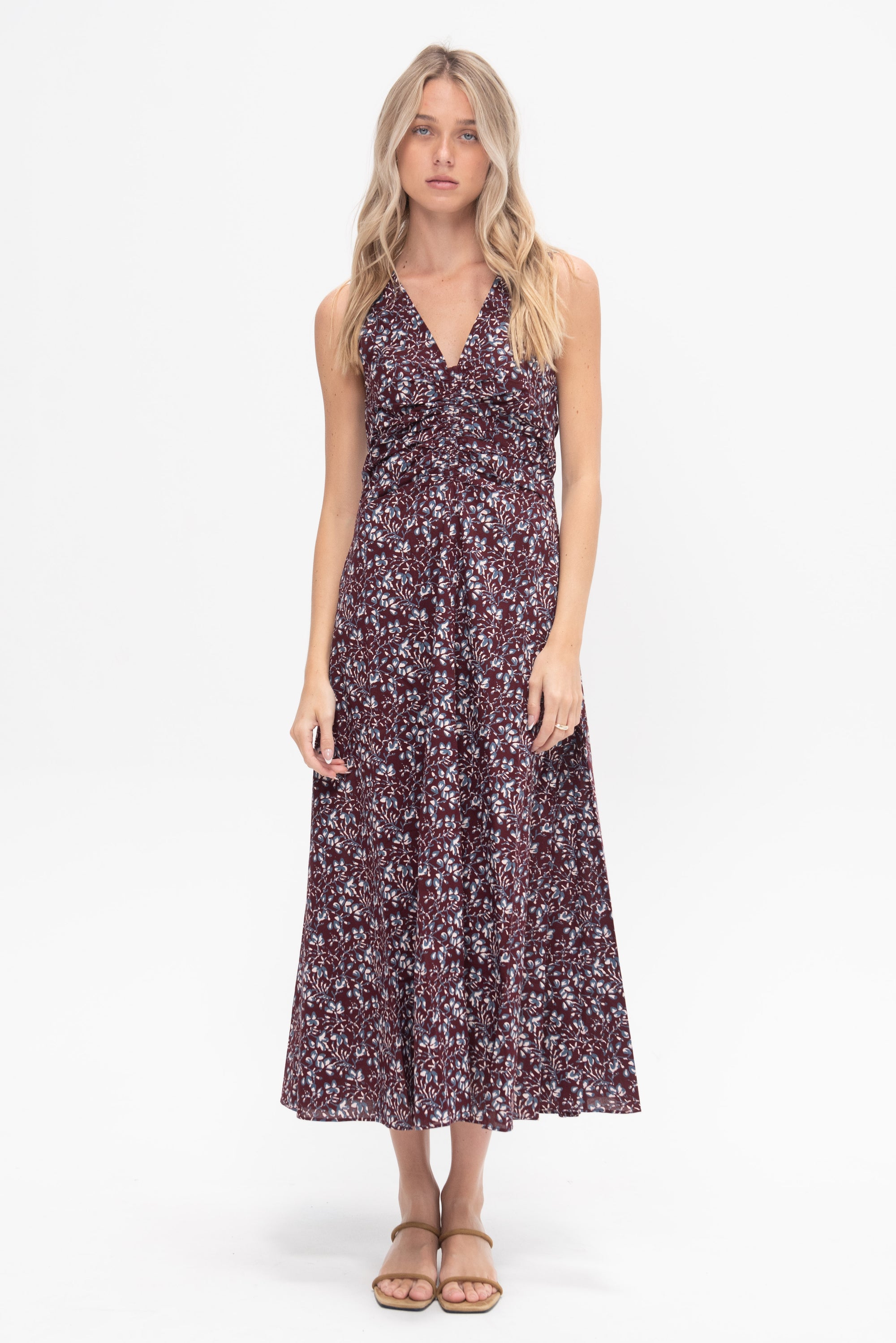 APIECE APART - Fatima Ruched Tank Dress, Mira Floral Wine Tasting