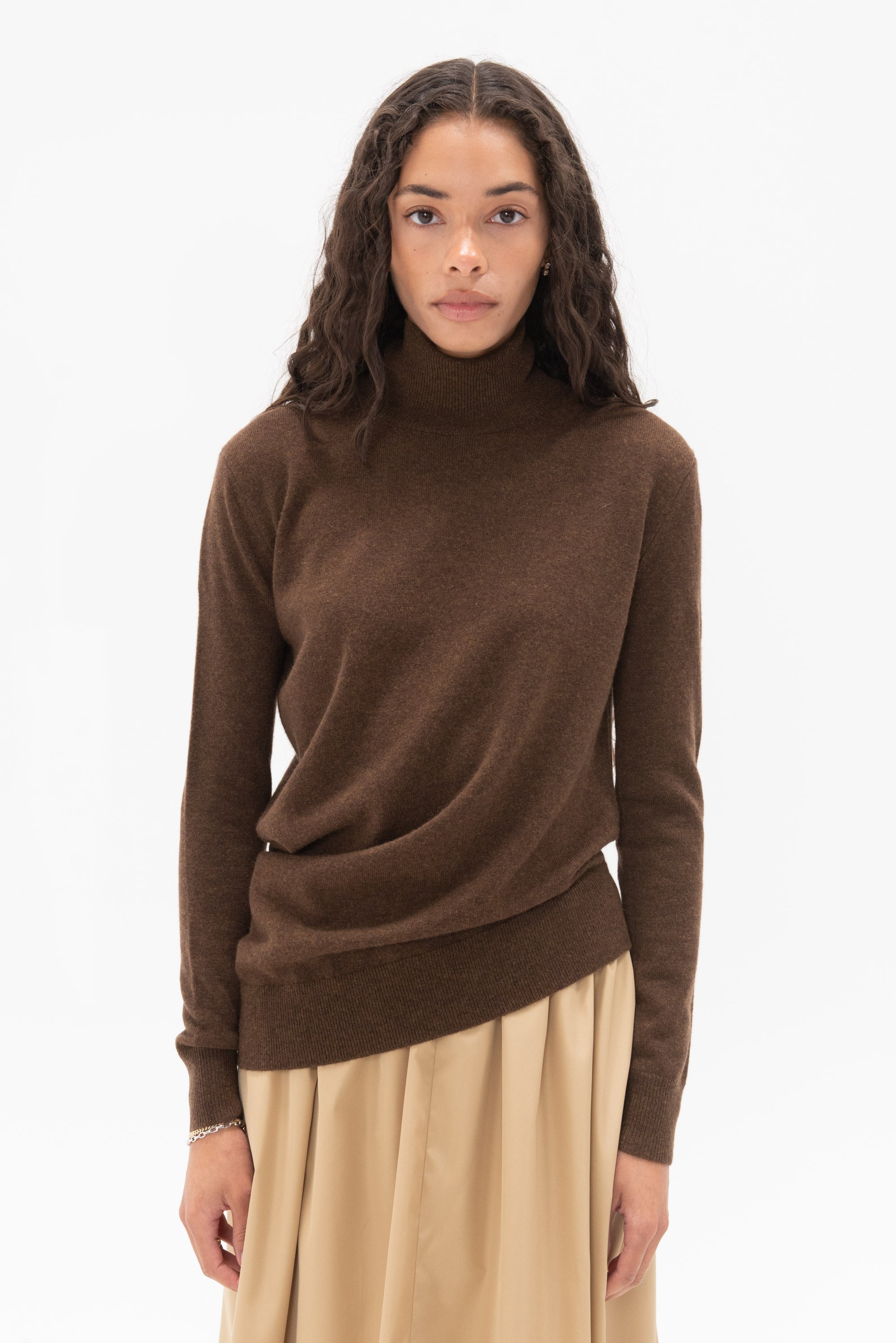 CO - Draped Turtleneck Top in Cashmere, Brown