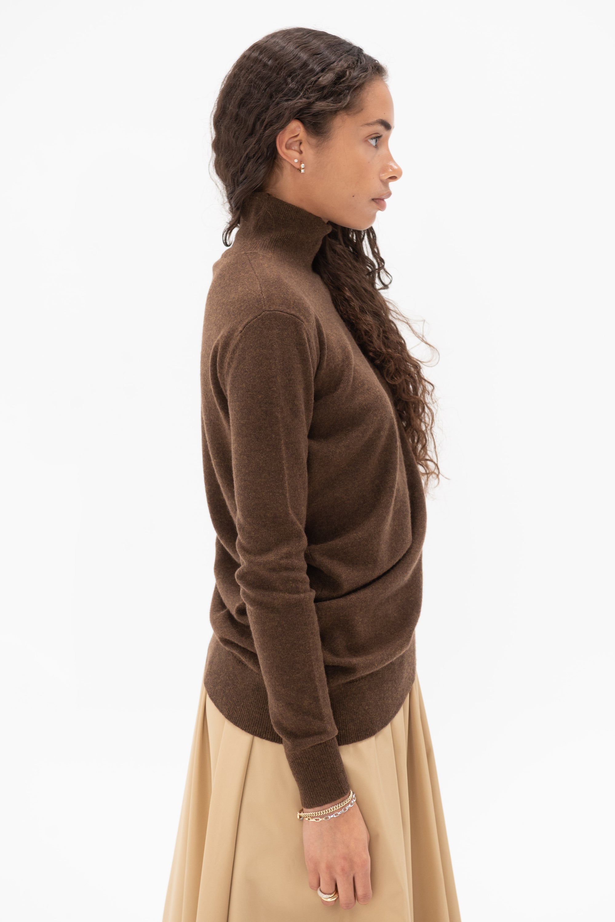 CO - Draped Turtleneck Top in Cashmere, Brown