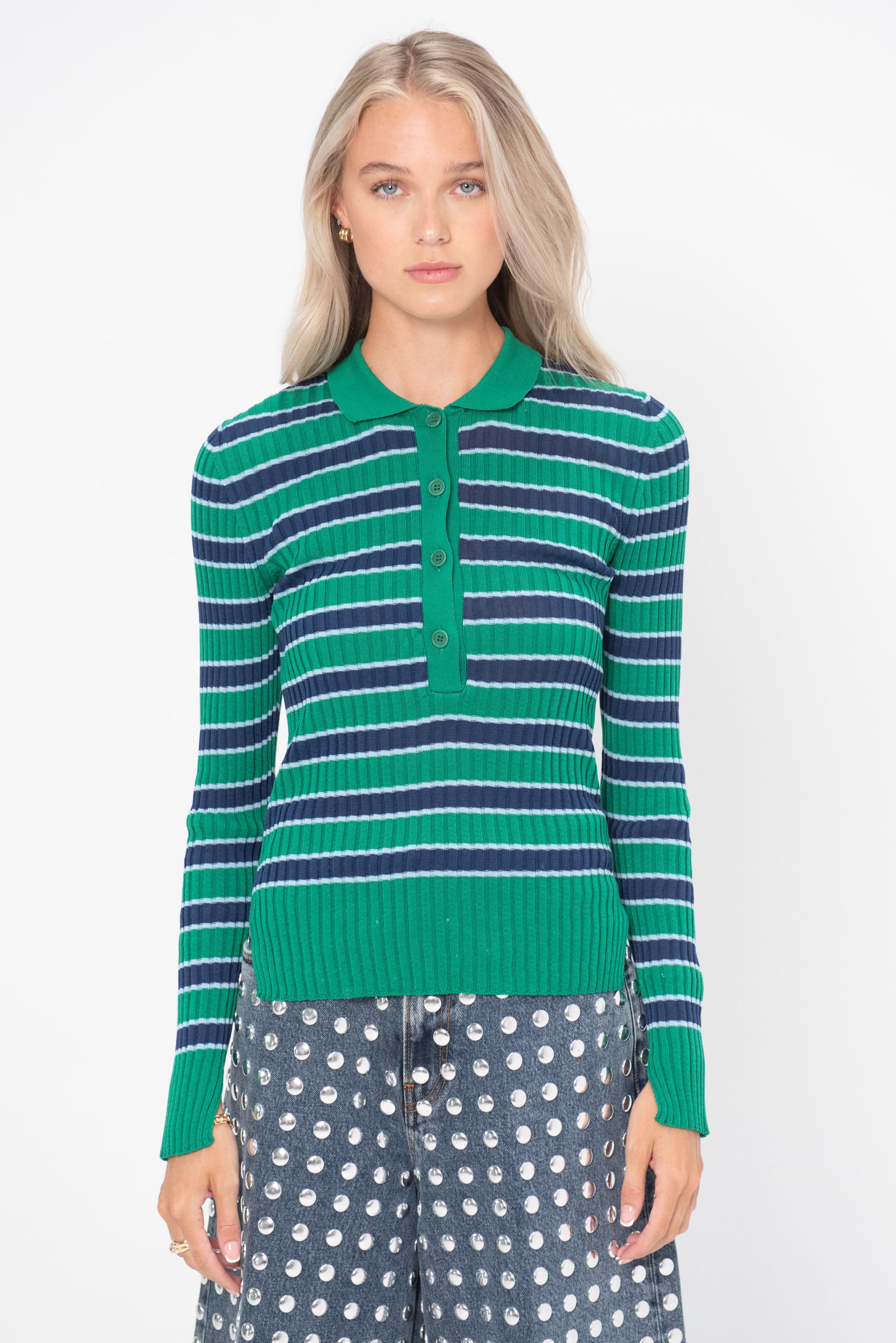 EOLAS - Silvia Ribbed Collar Sweater, Green