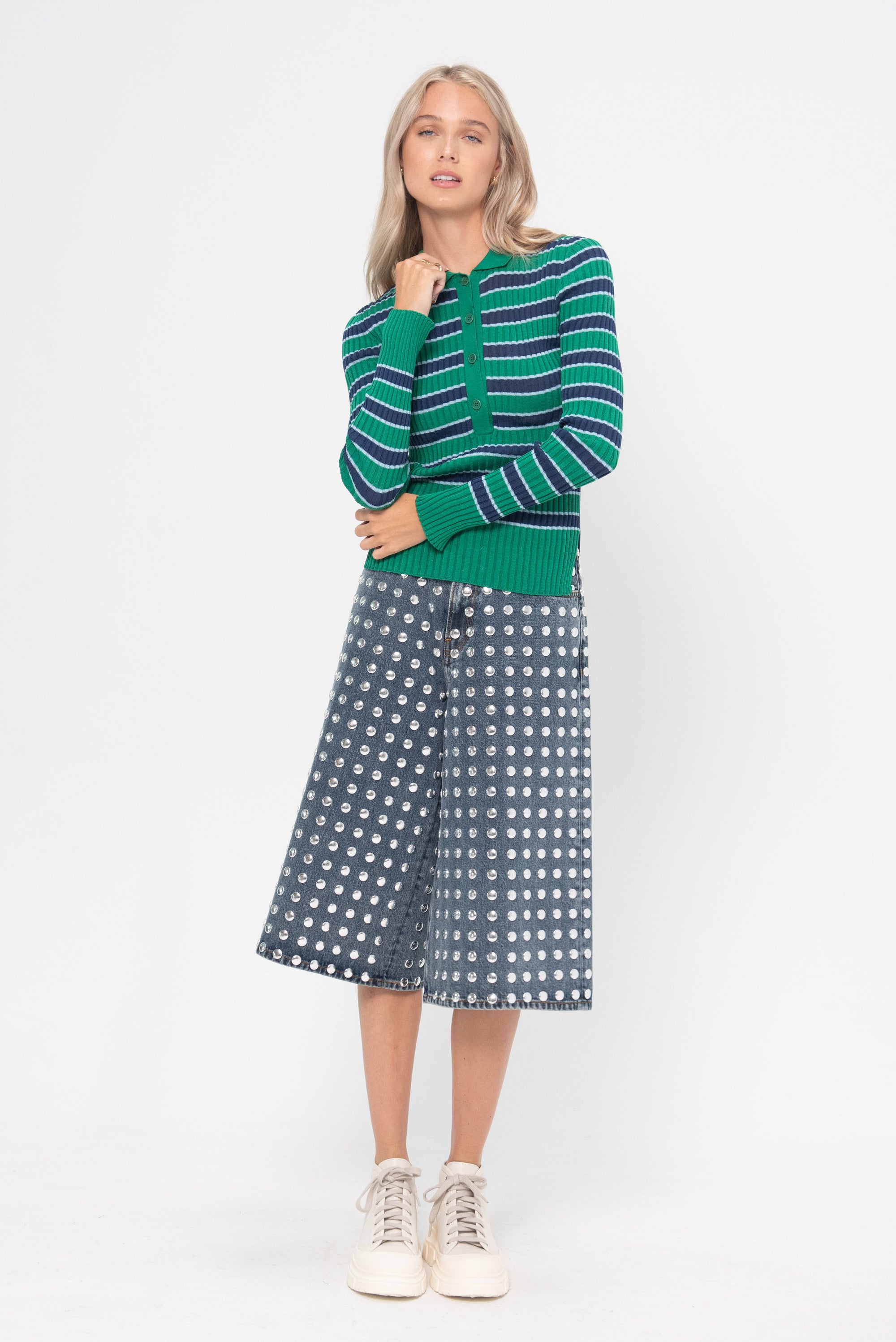 EOLAS - Silvia Ribbed Collar Sweater, Green