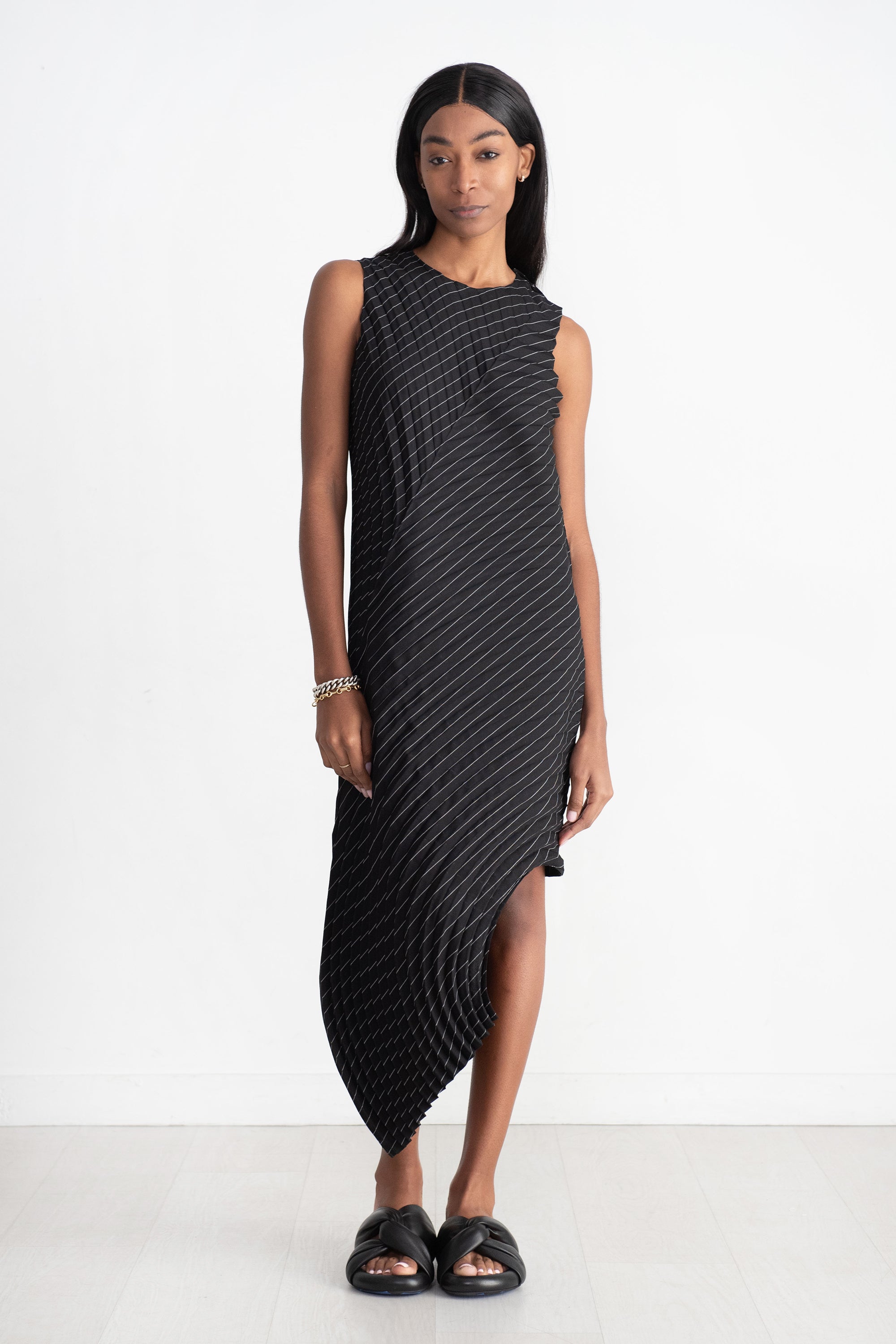 Issey Miyake - Curved Pleats Dress, Black Hued Stripe