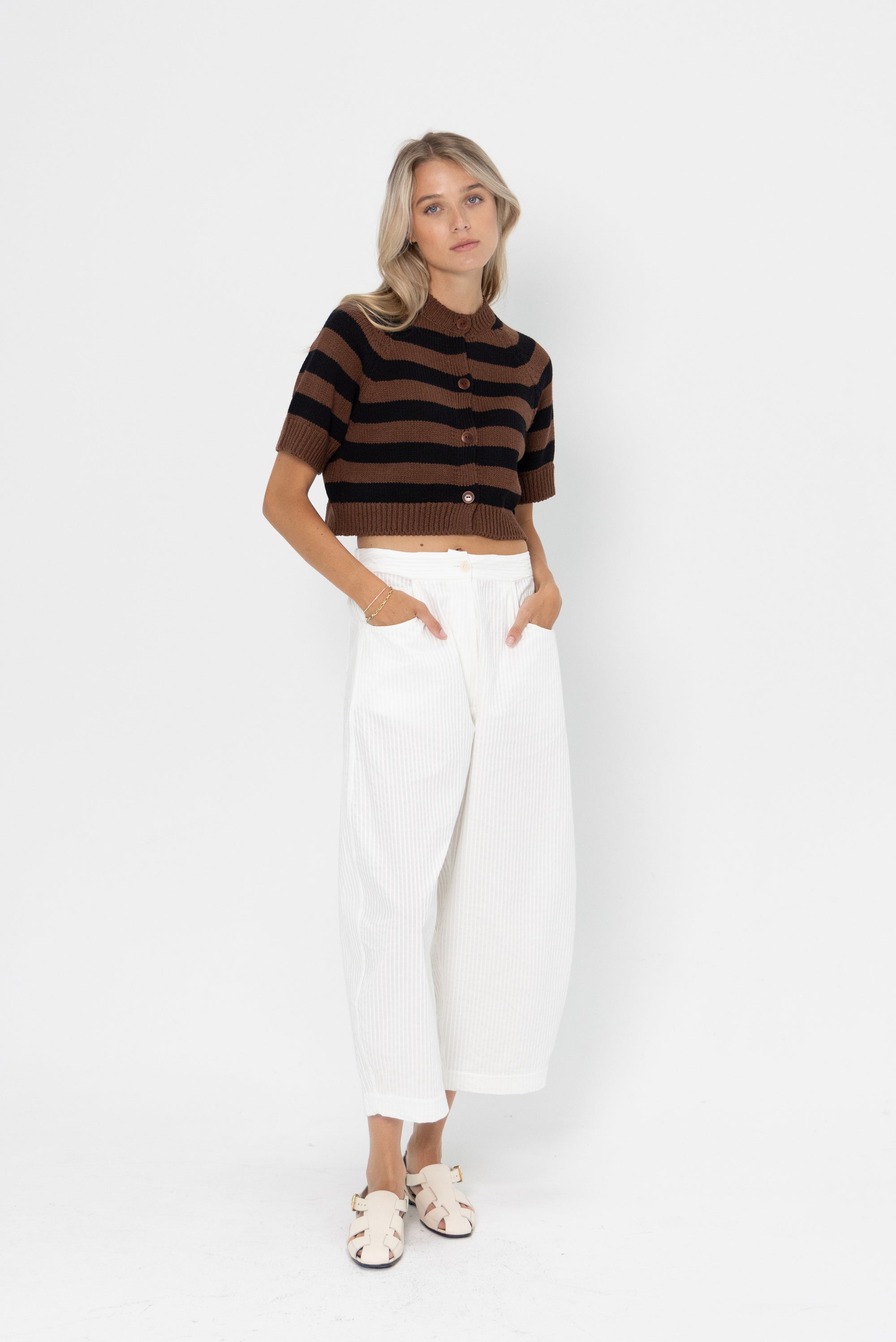 Buttoned Striped Top, Brown and Black