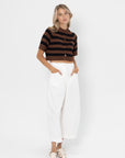 Buttoned Striped Top, Brown and Black