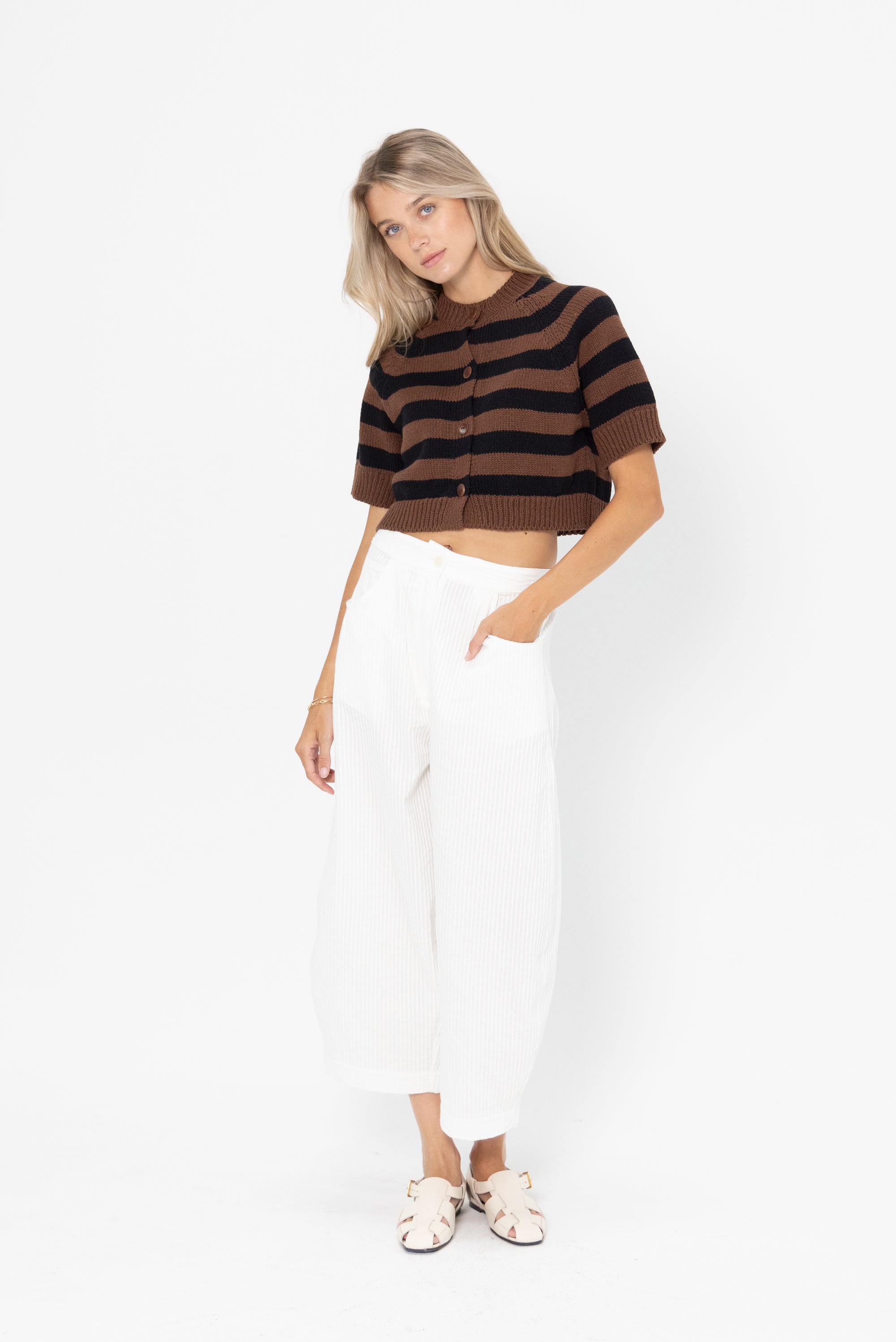 Buttoned Striped Top, Brown and Black