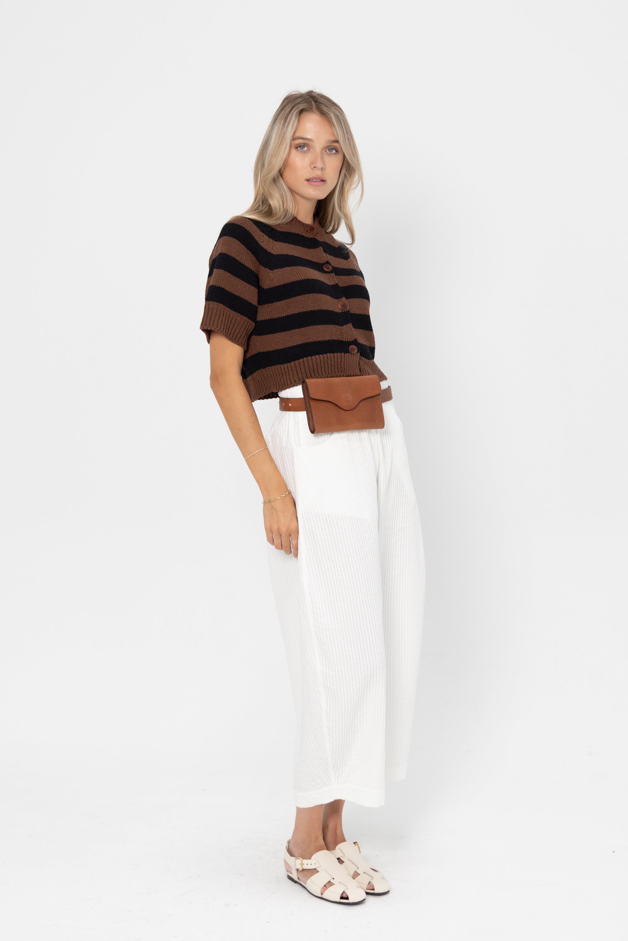 Buttoned Striped Top, Brown and Black