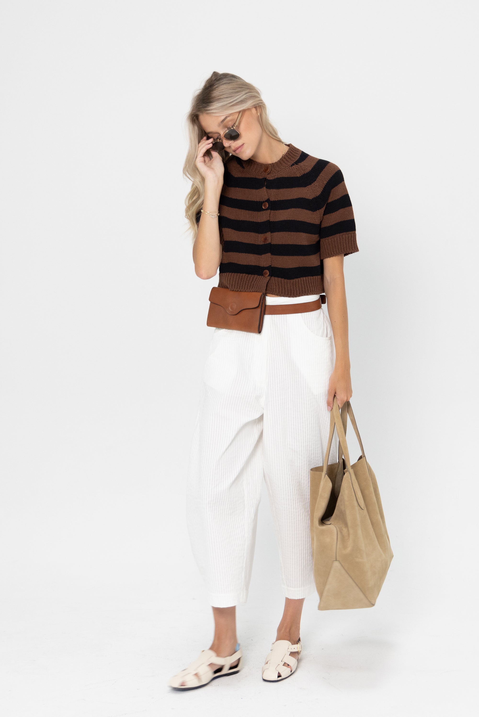 Buttoned Striped Top, Brown and Black