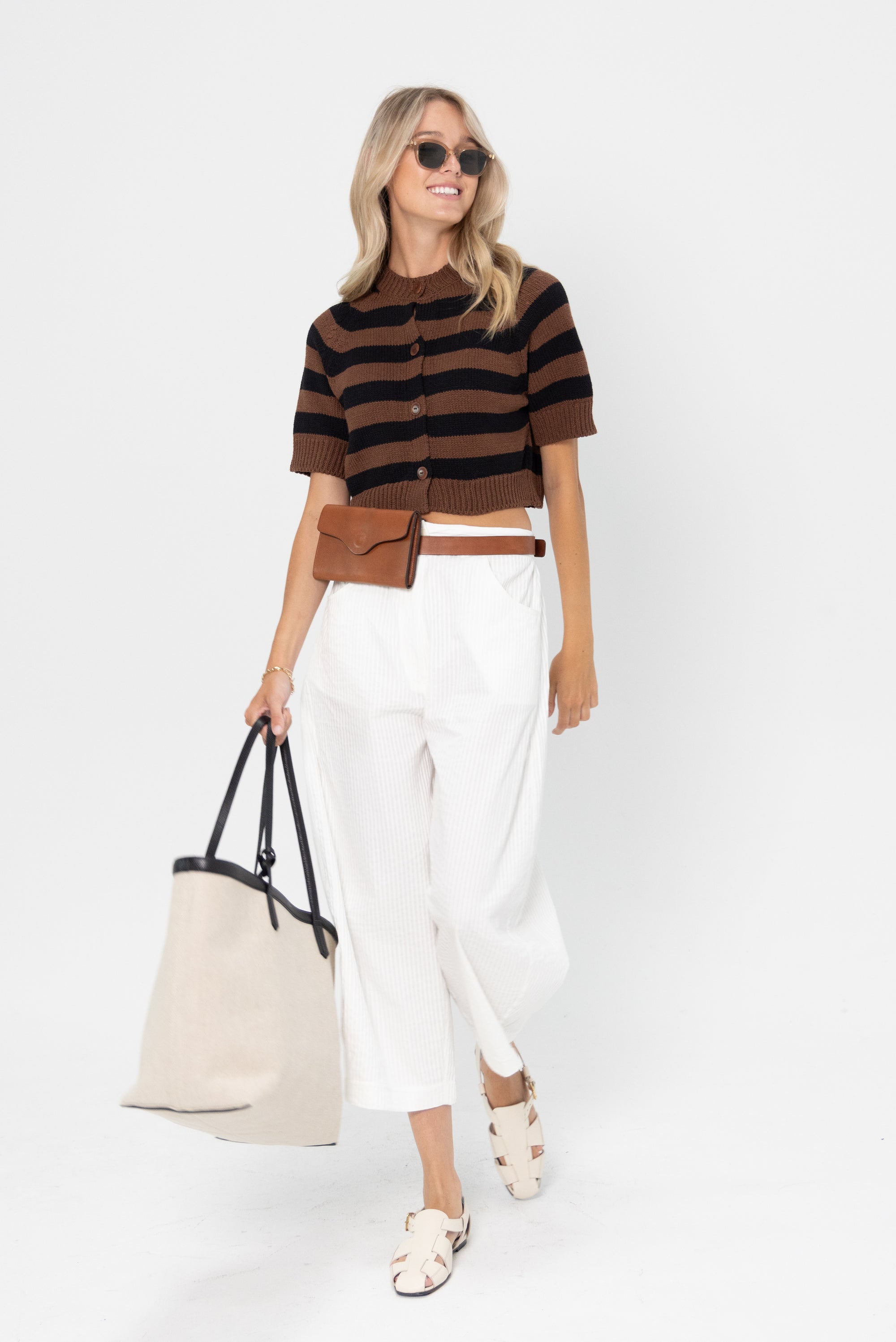 Buttoned Striped Top, Brown and Black