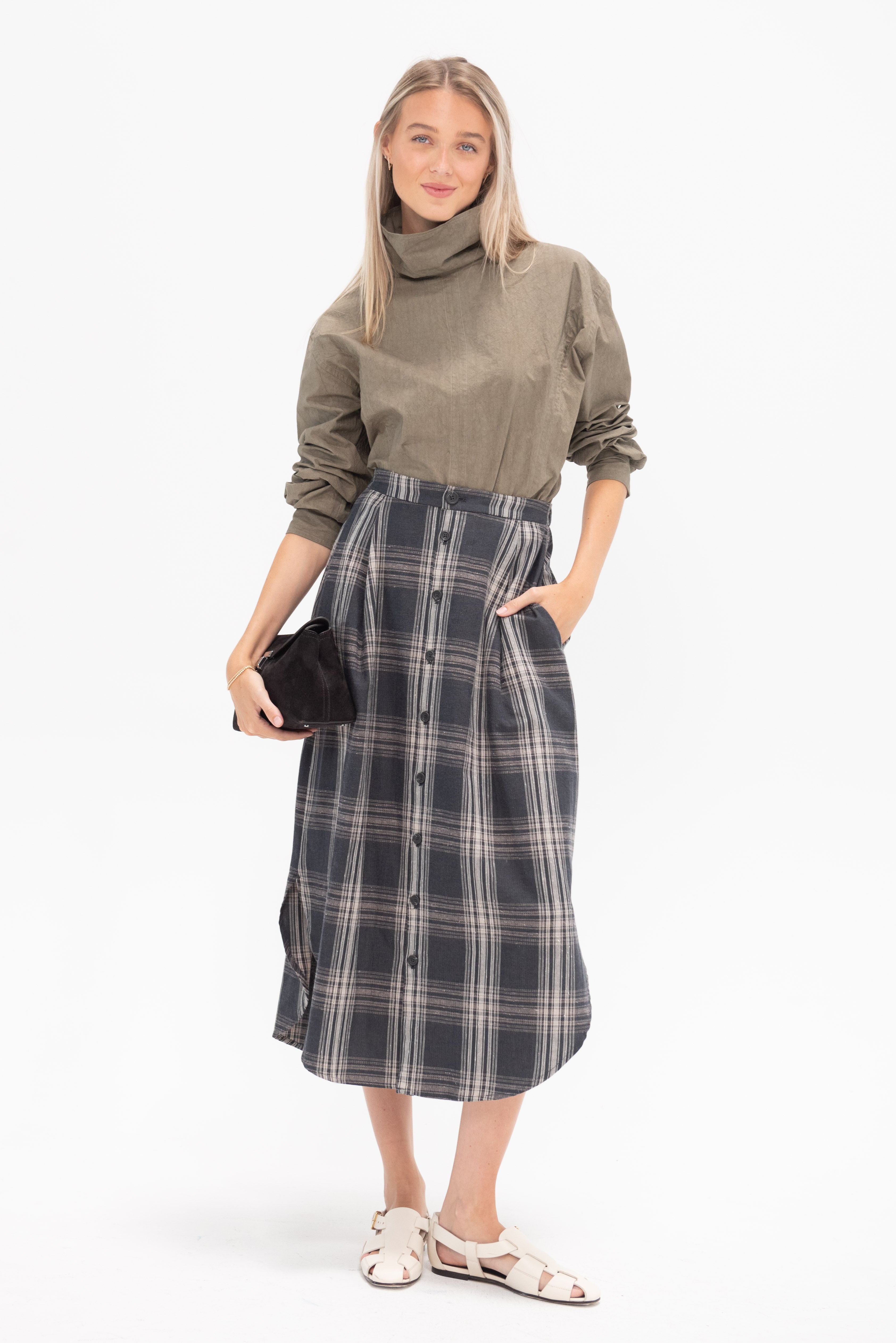 Lauren Manoogian Plaid Placket Skirt Plaid Kick Pleat