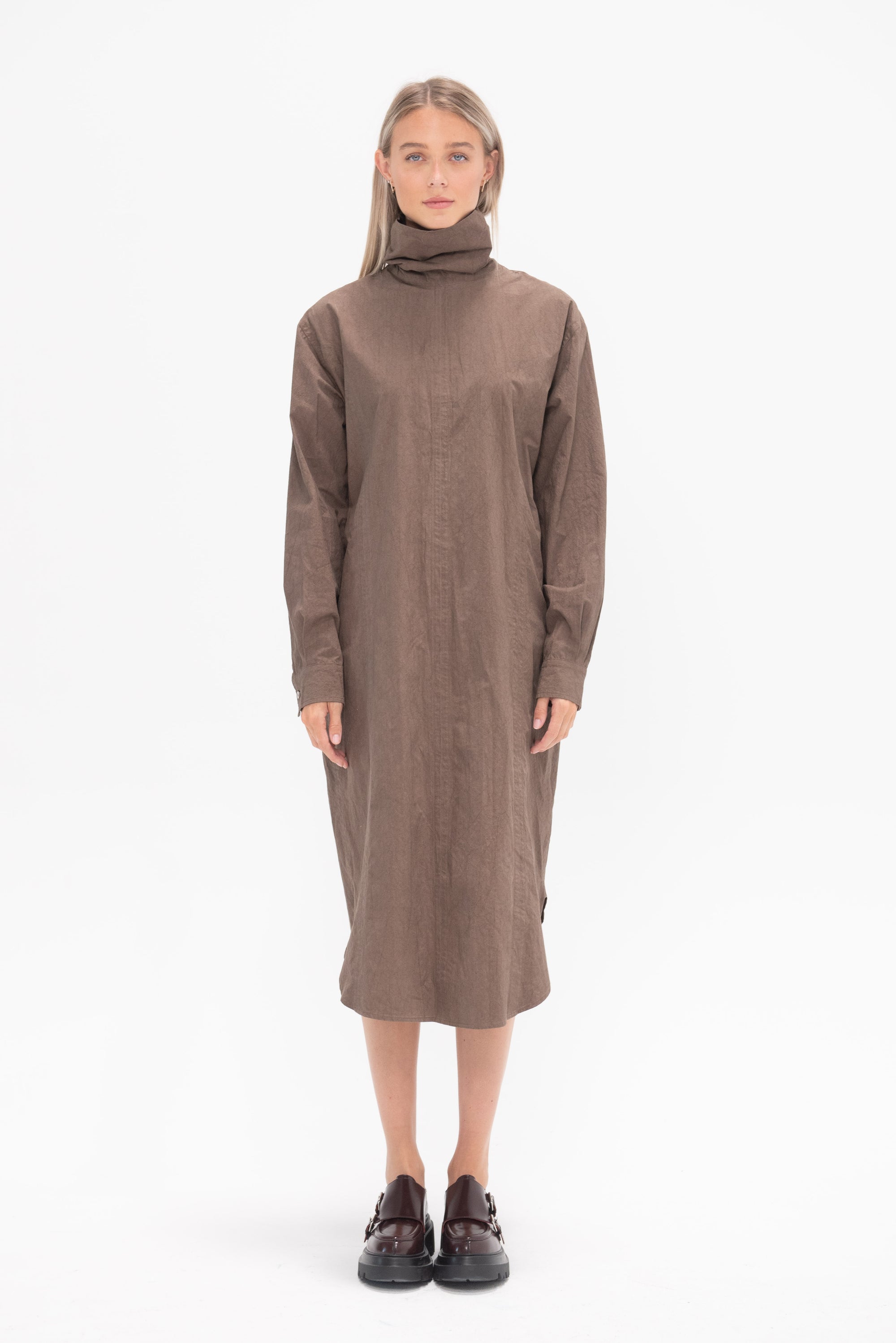 LAUREN MANOOGIAN - Soft Collar Shirt Dress, Cocoa