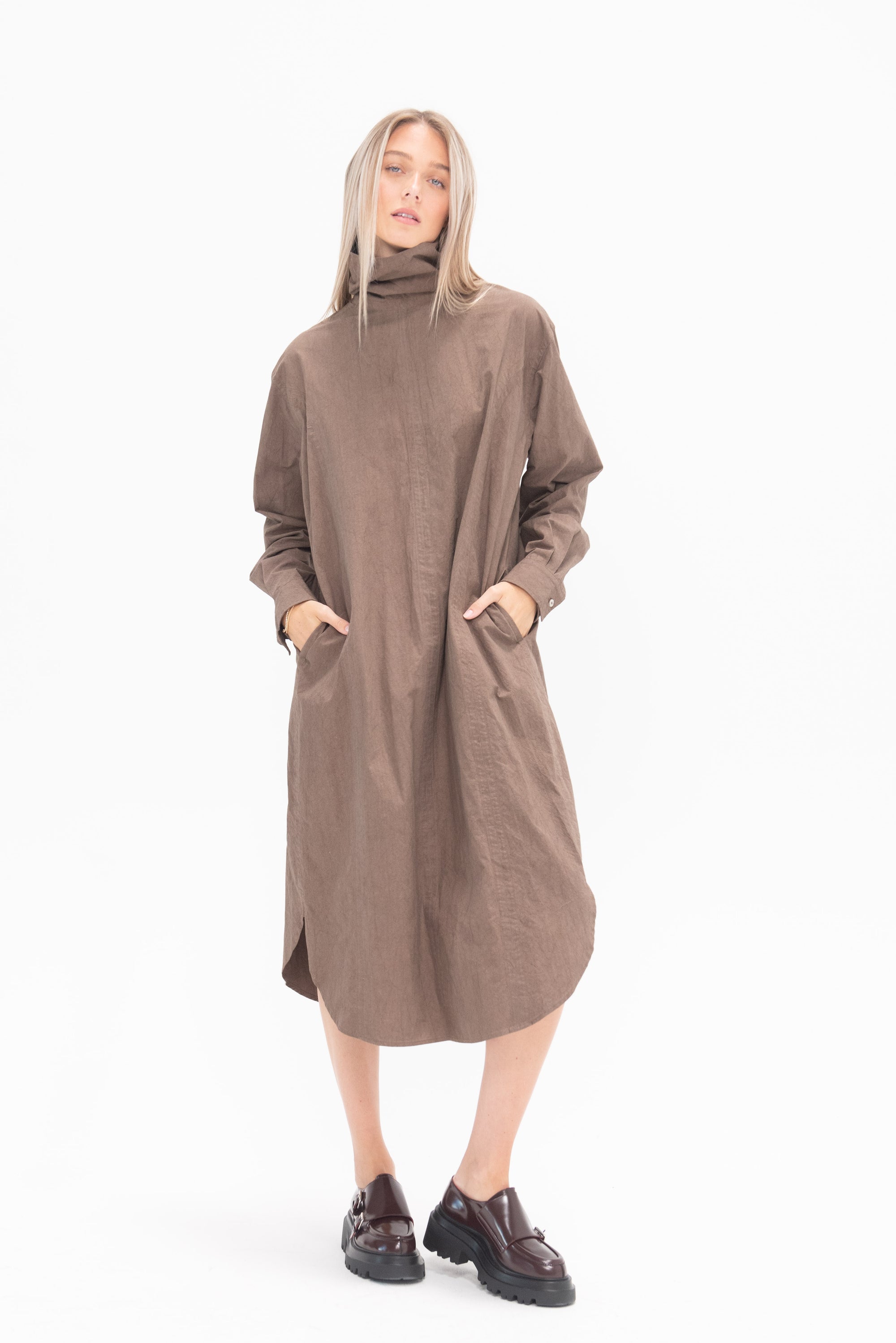 LAUREN MANOOGIAN - Soft Collar Shirt Dress, Cocoa