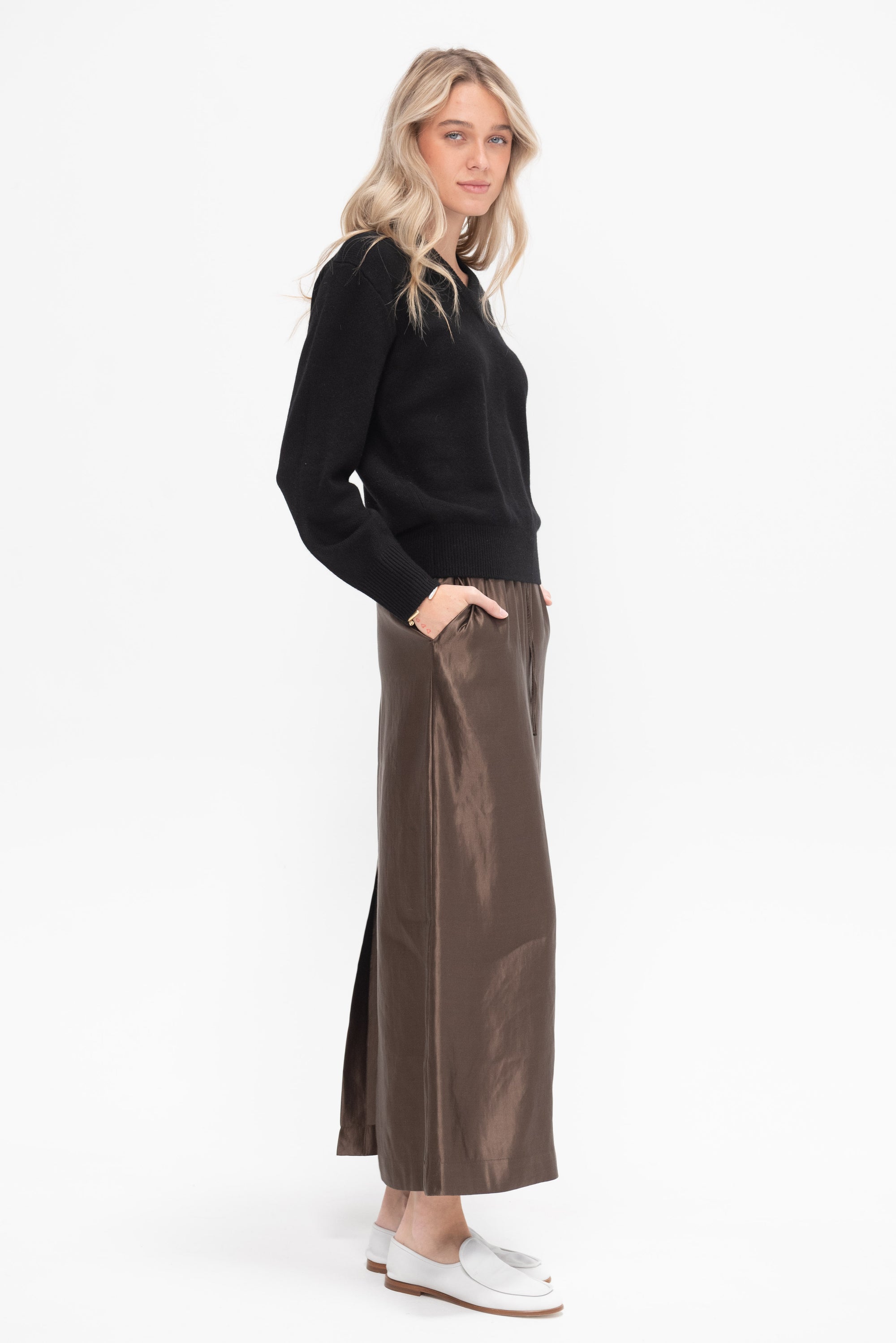 Elastic Waistband Long Skirt, Deep Taupe