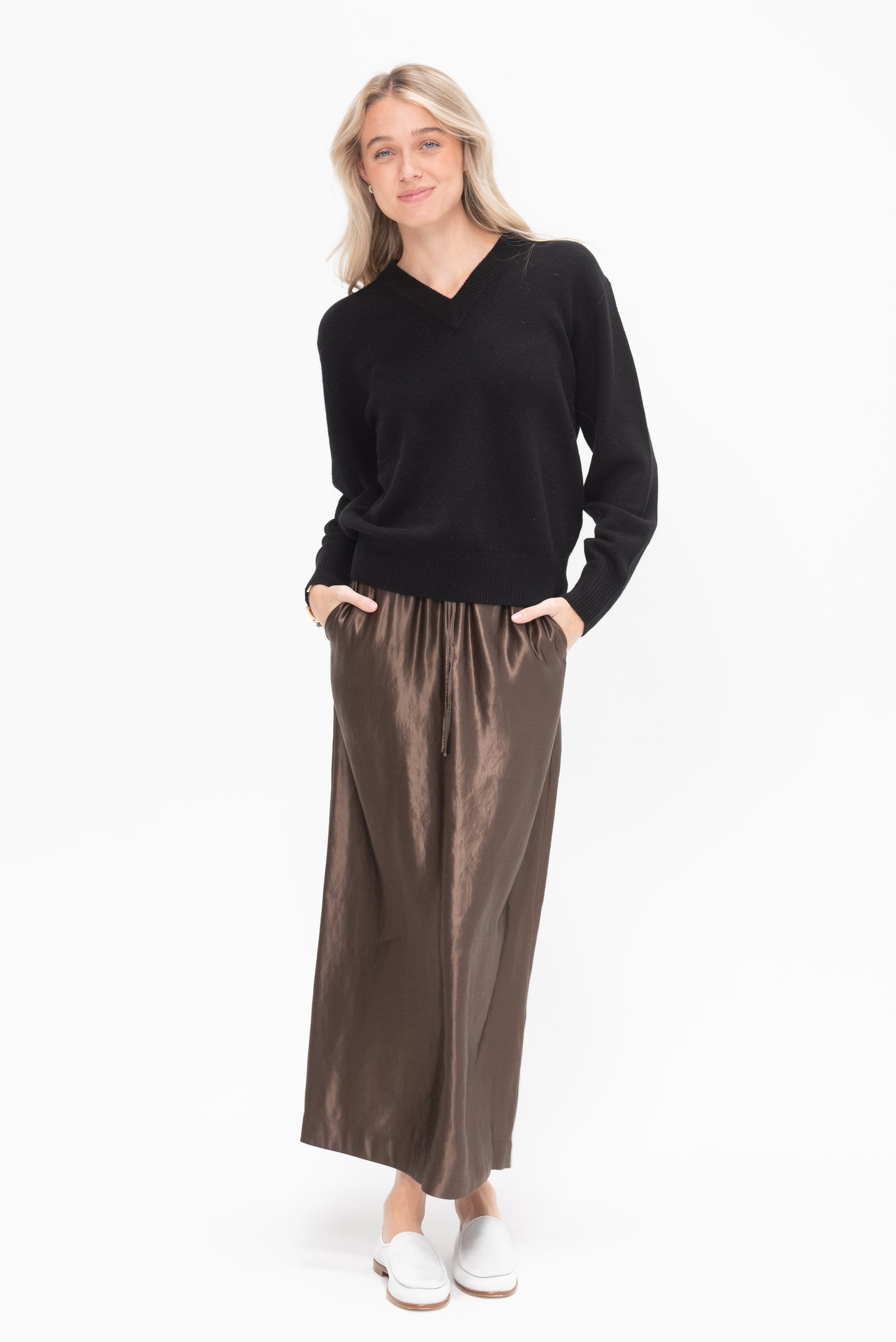 Elastic Waistband Long Skirt, Deep Taupe