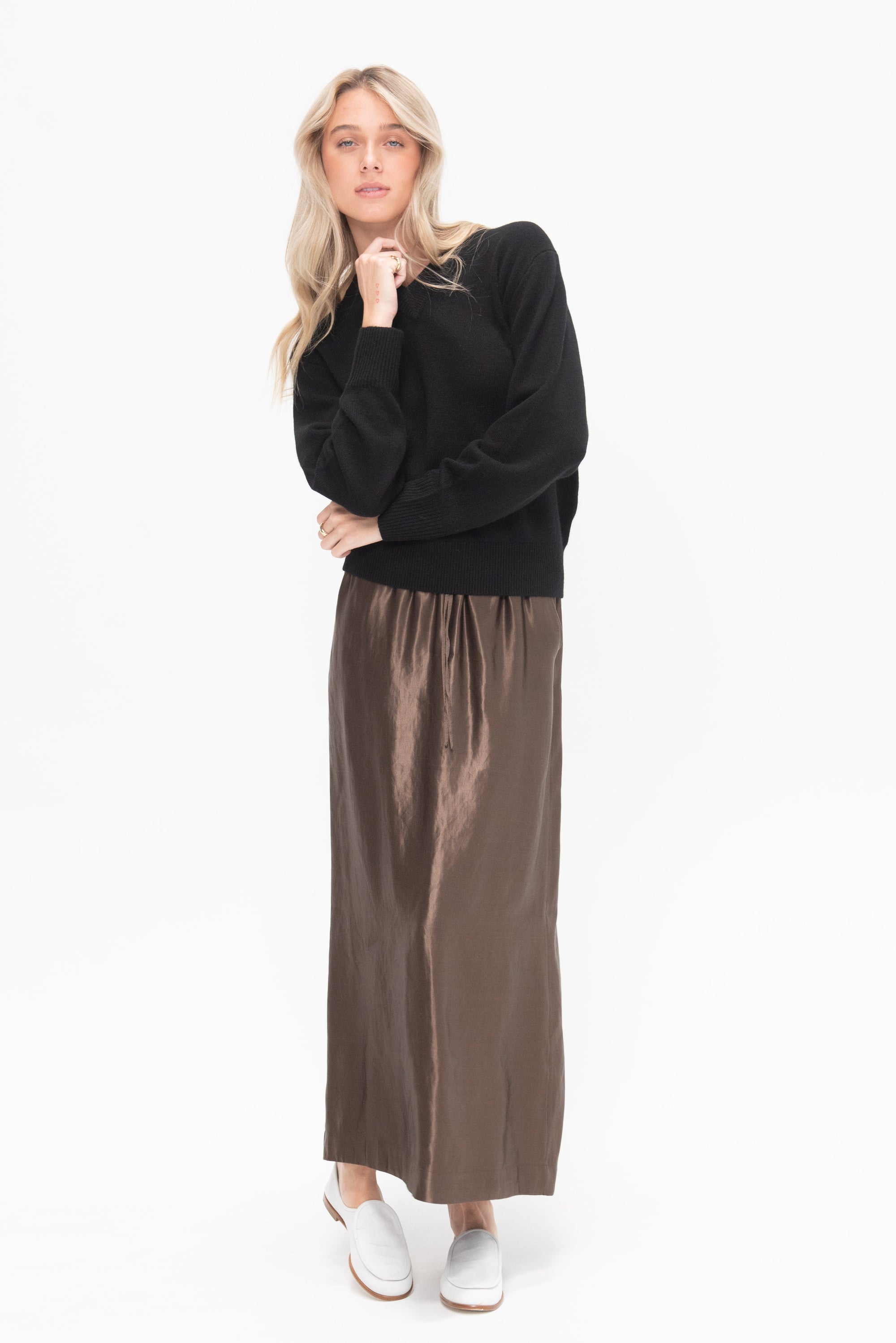 Elastic Waistband Long Skirt, Deep Taupe