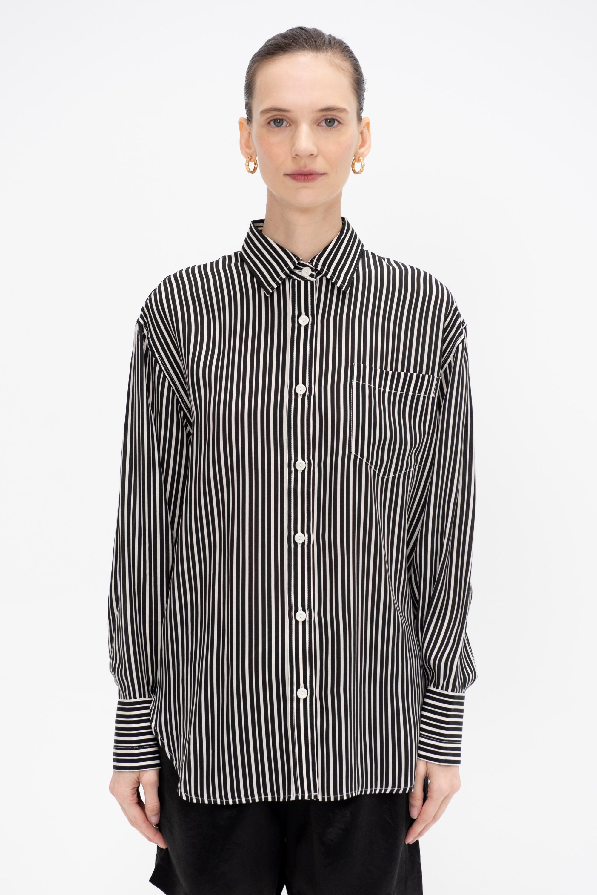 Oversized Tunic Shirt, Black &amp; White Awning Stripe