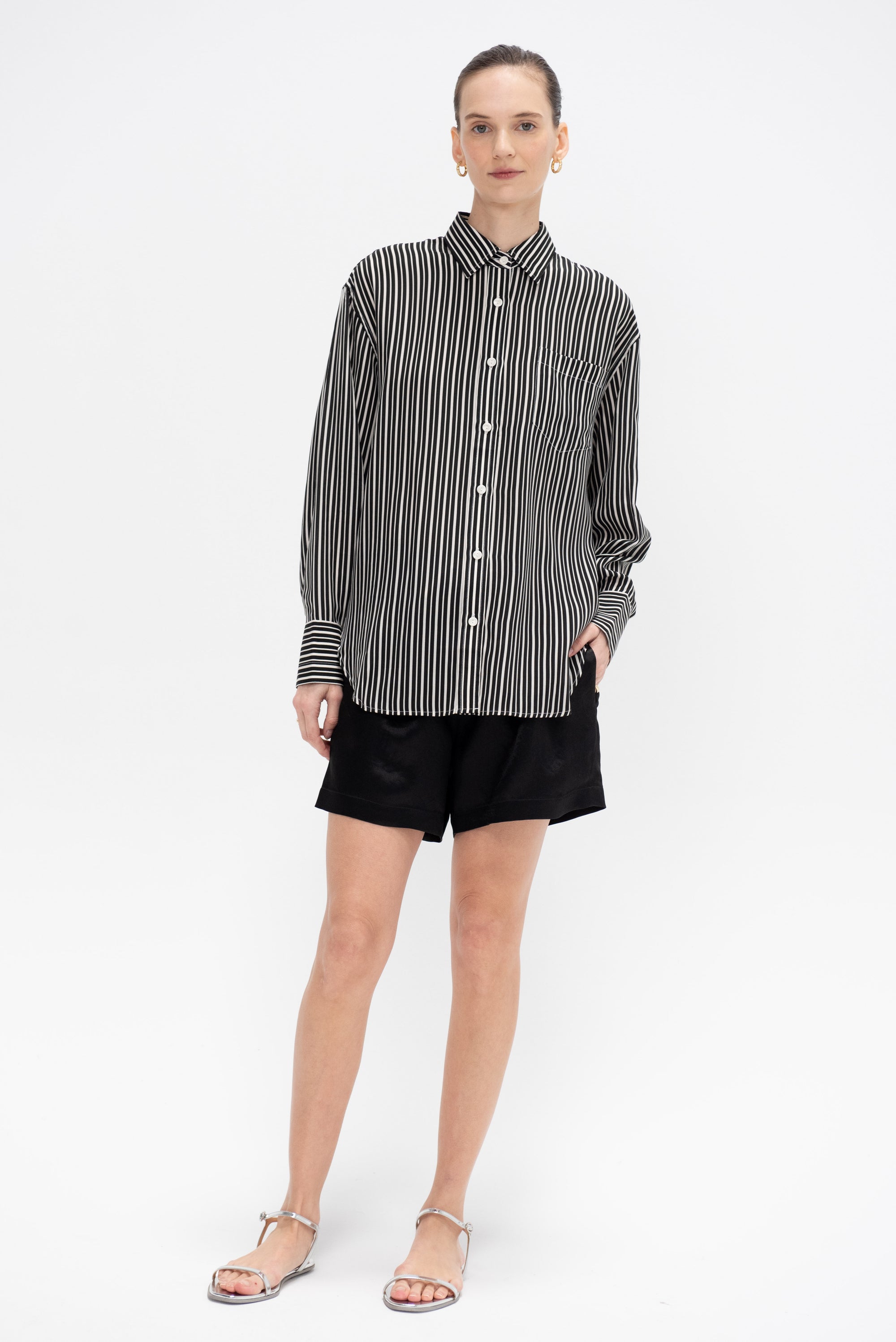 Oversized Tunic Shirt, Black &amp; White Awning Stripe