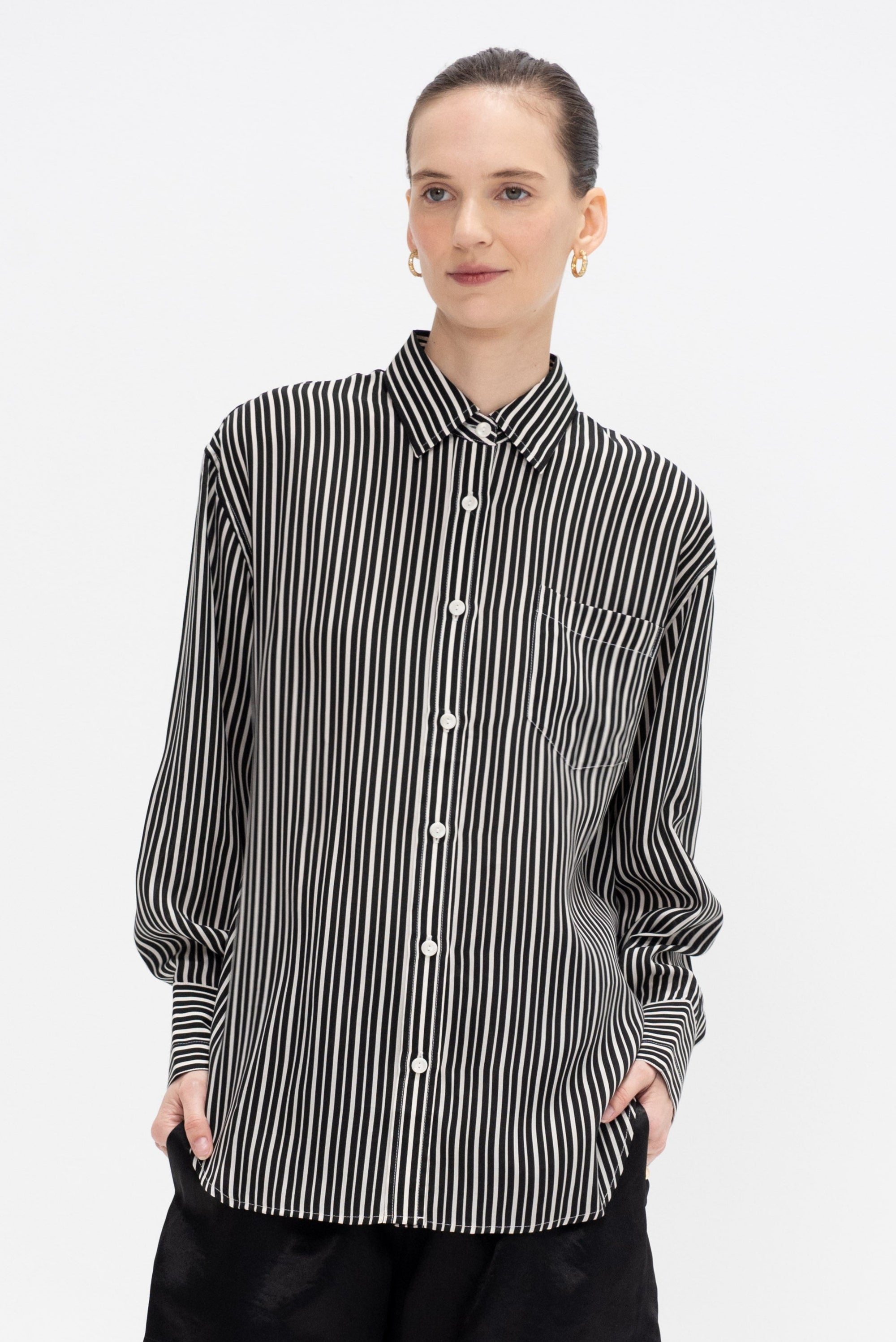 Oversized Tunic Shirt, Black &amp; White Awning Stripe