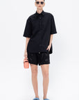 Drawstring Pleat Front Short, Glossy Black