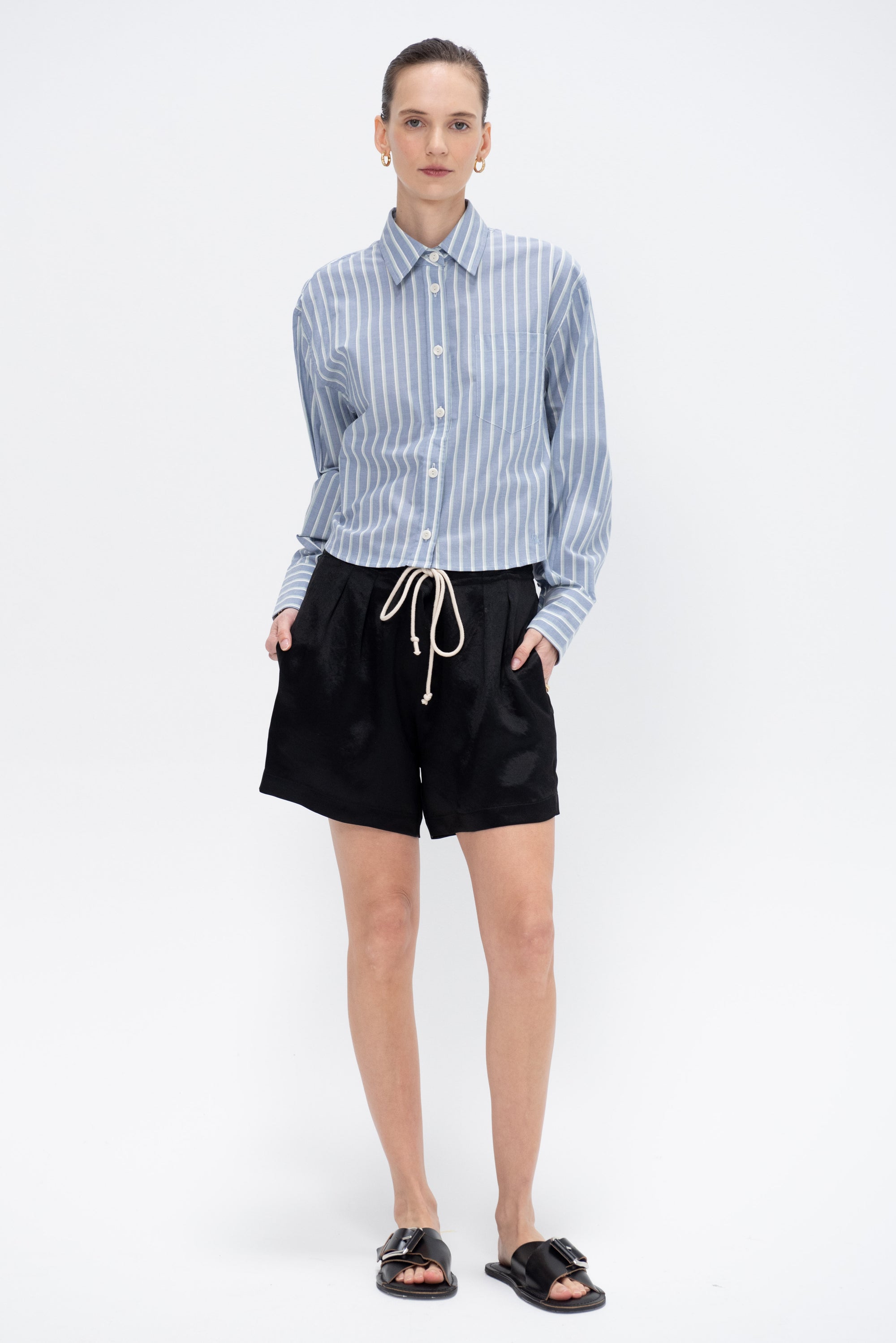 Cropped Oversized Shirt, Denim Mint Stripe