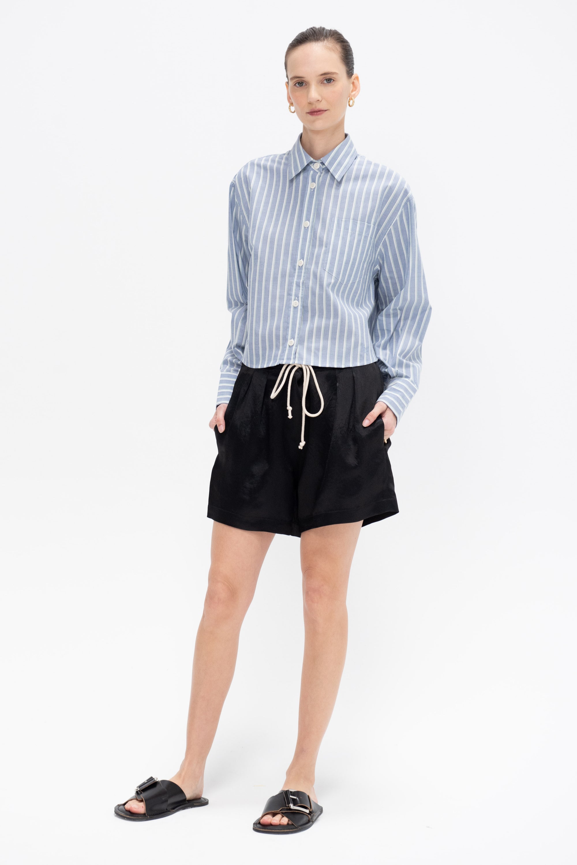 Cropped Oversized Shirt, Denim Mint Stripe