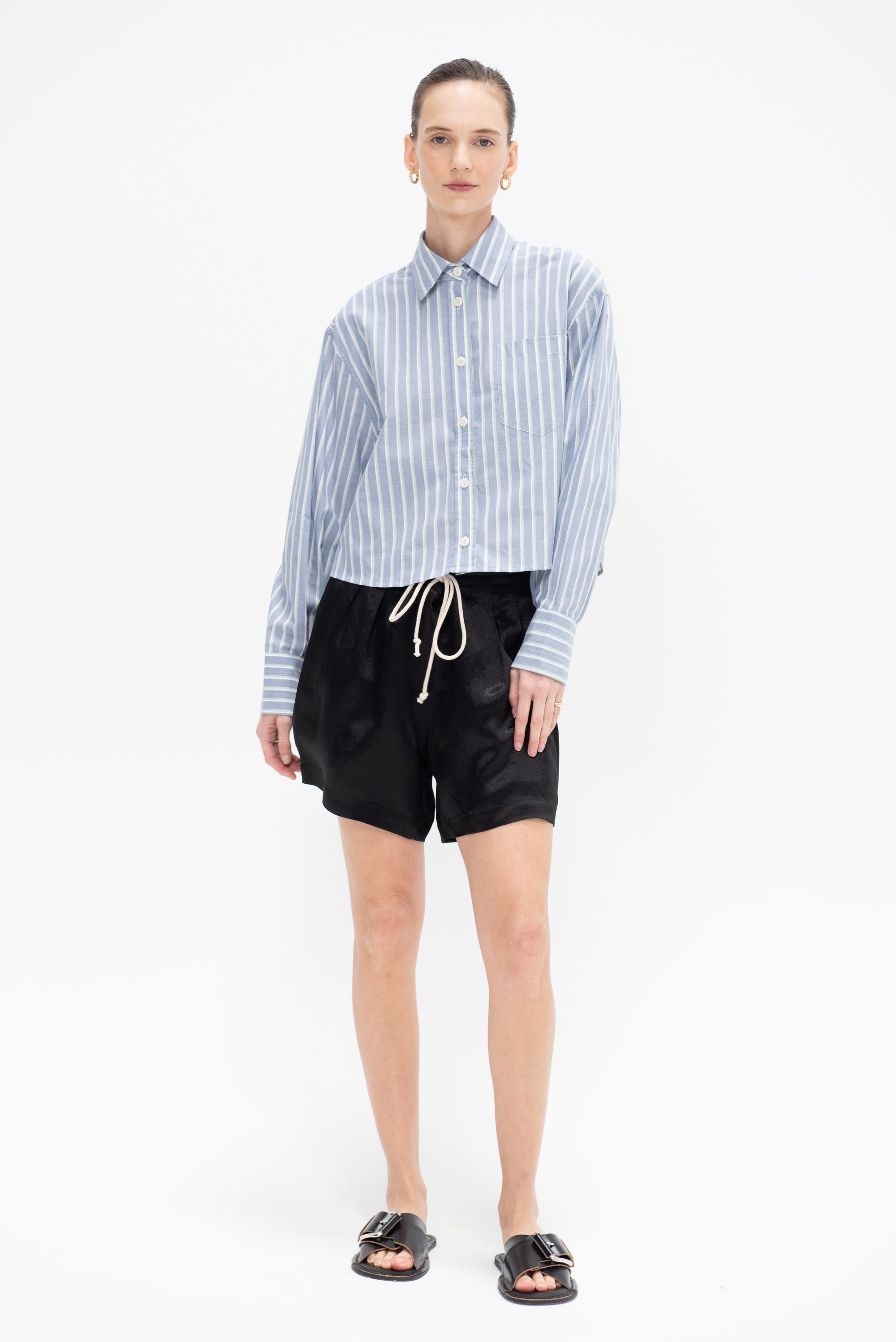 Cropped Oversized Shirt, Denim Mint Stripe