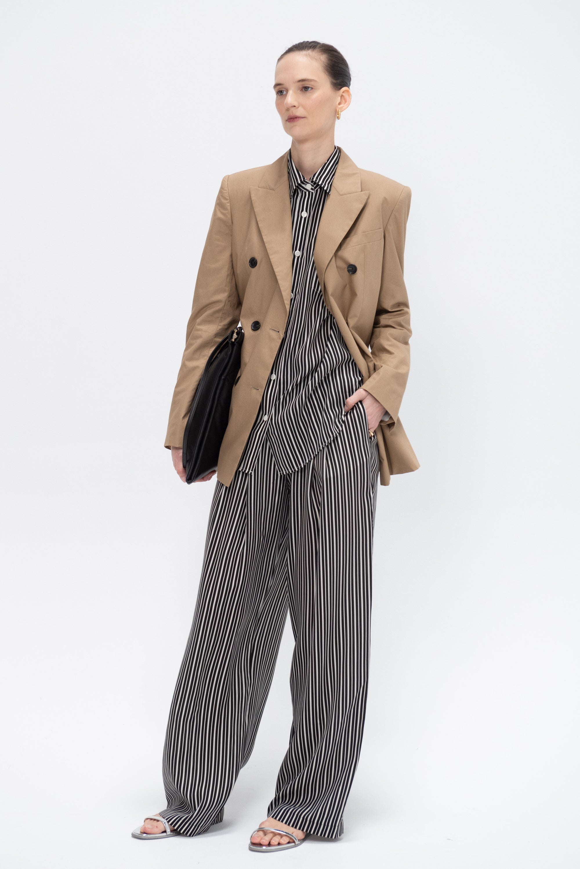 Flap Pocket Pleat Pant, Black &amp; White Stripe