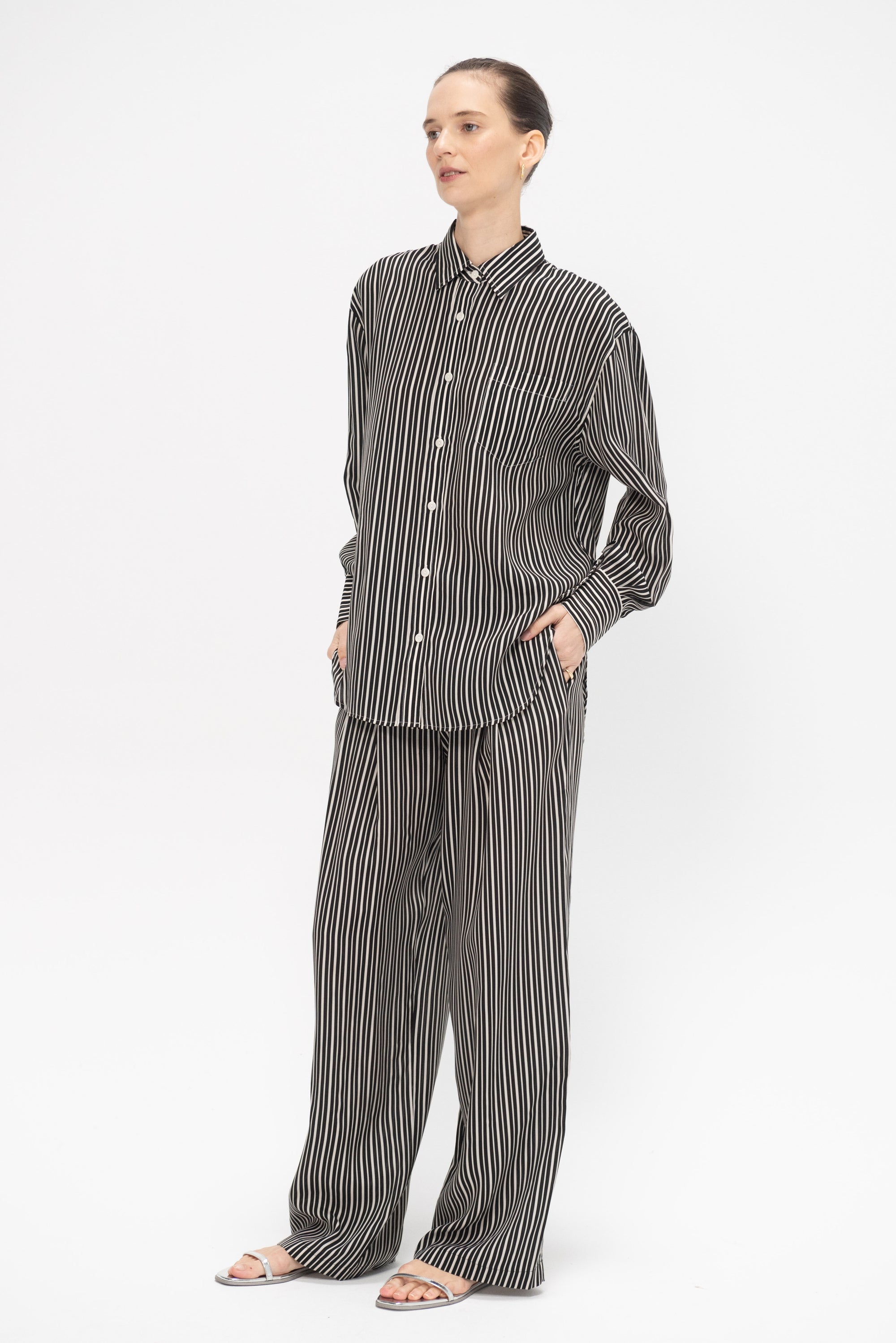 Flap Pocket Pleat Pant, Black &amp; White Stripe