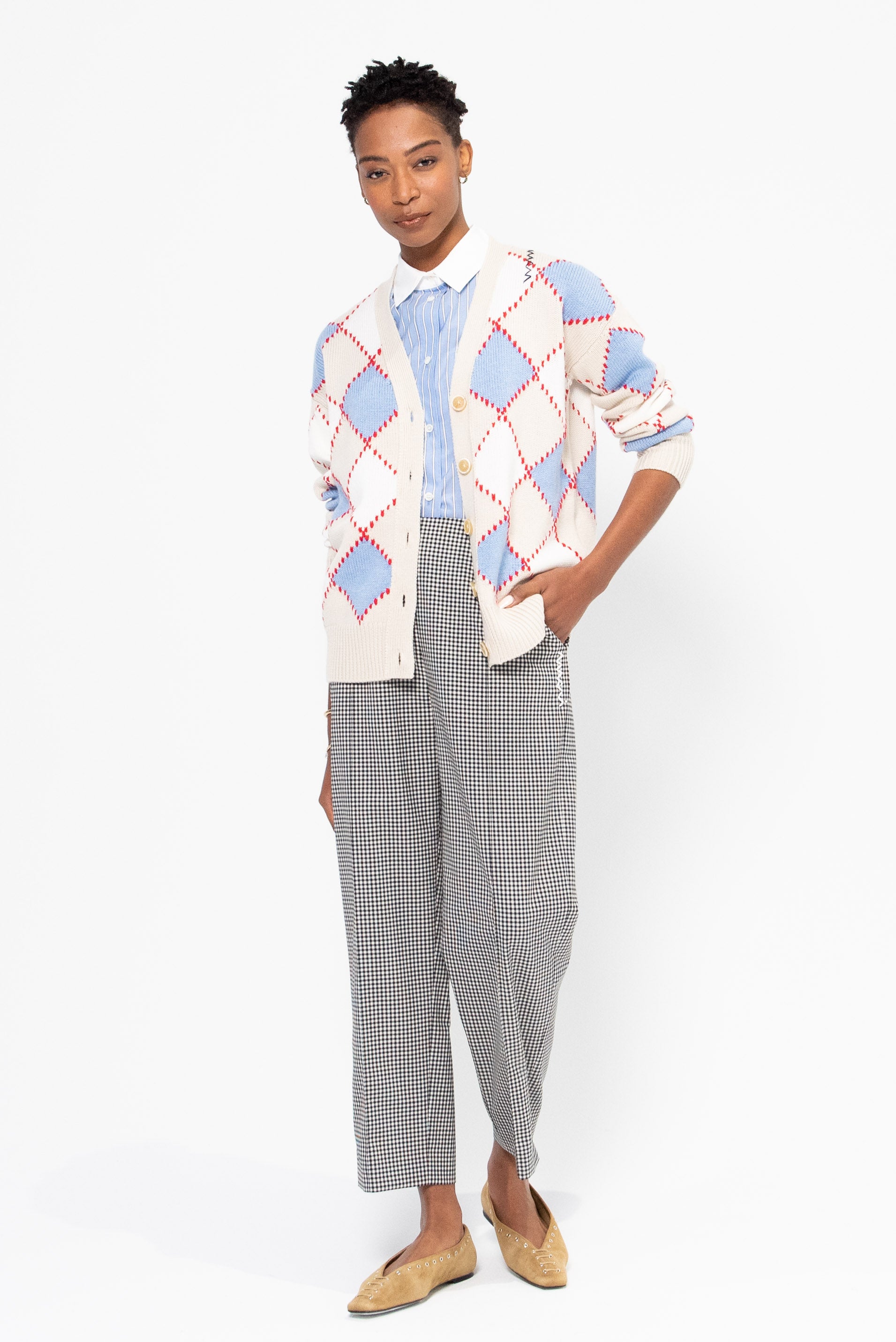 Wool Argyle Cardigan, Lily White