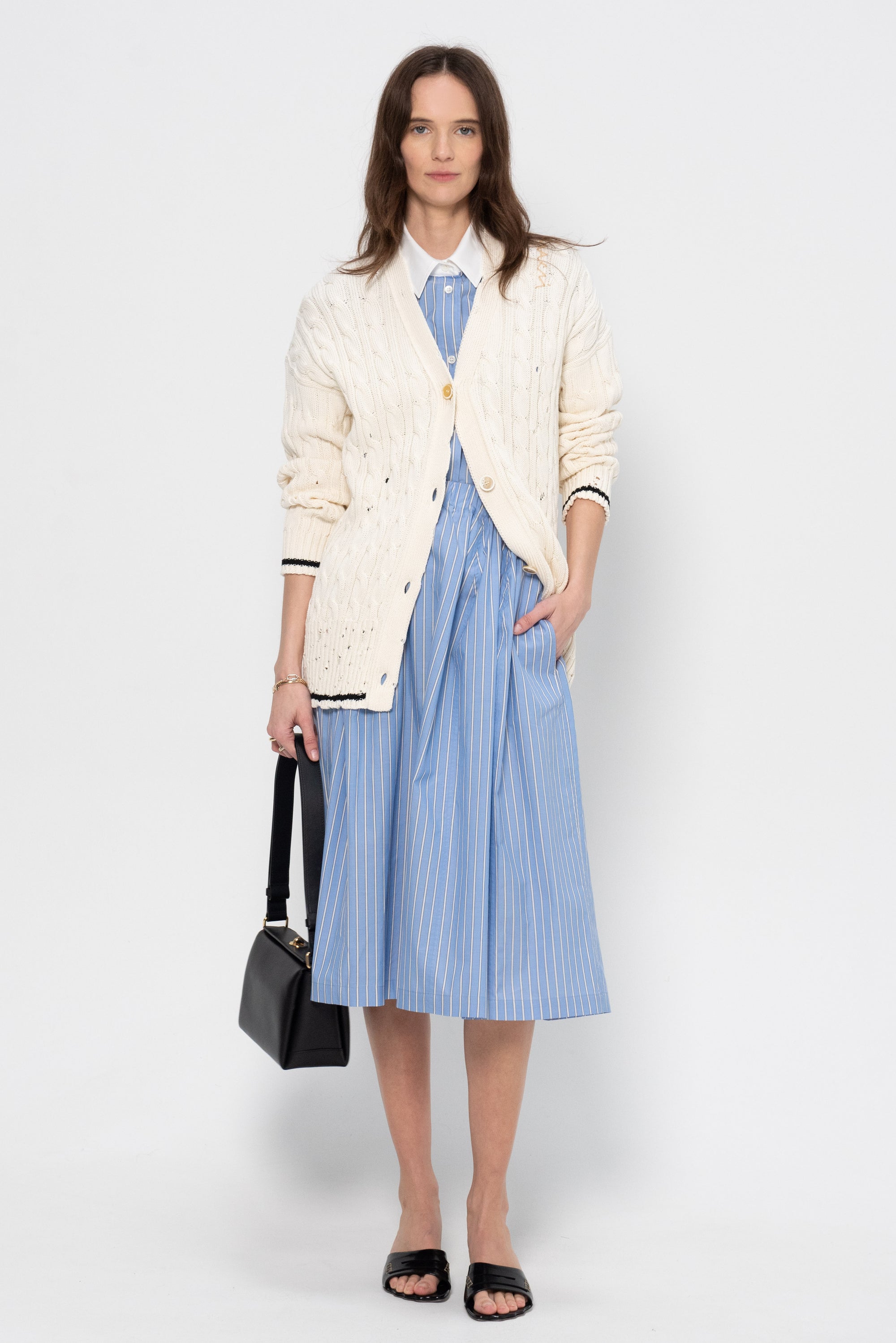 Wide Skirt in Striped Poplin, China Blue