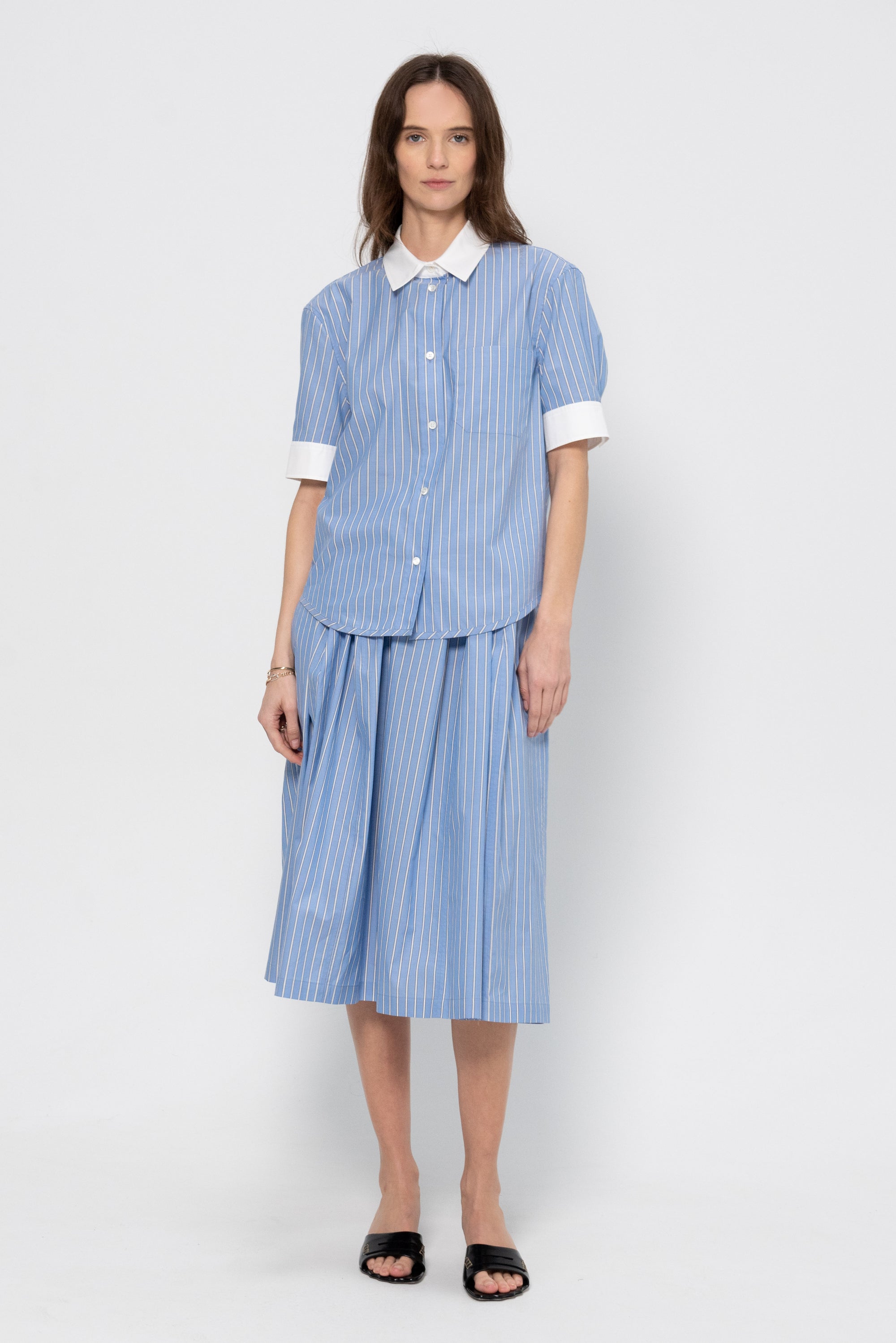 Wide Skirt in Striped Poplin, China Blue