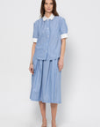 Wide Skirt in Striped Poplin, China Blue