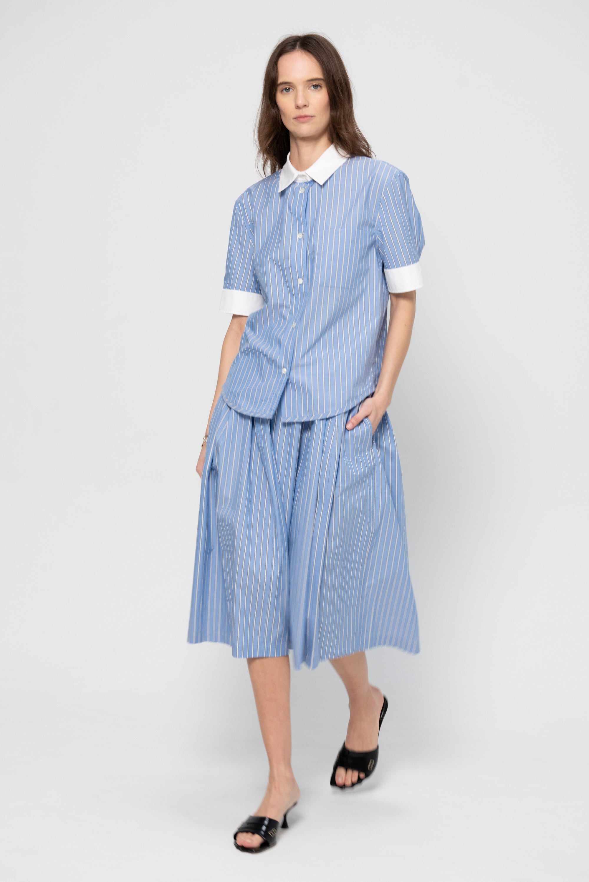 Wide Skirt in Striped Poplin, China Blue