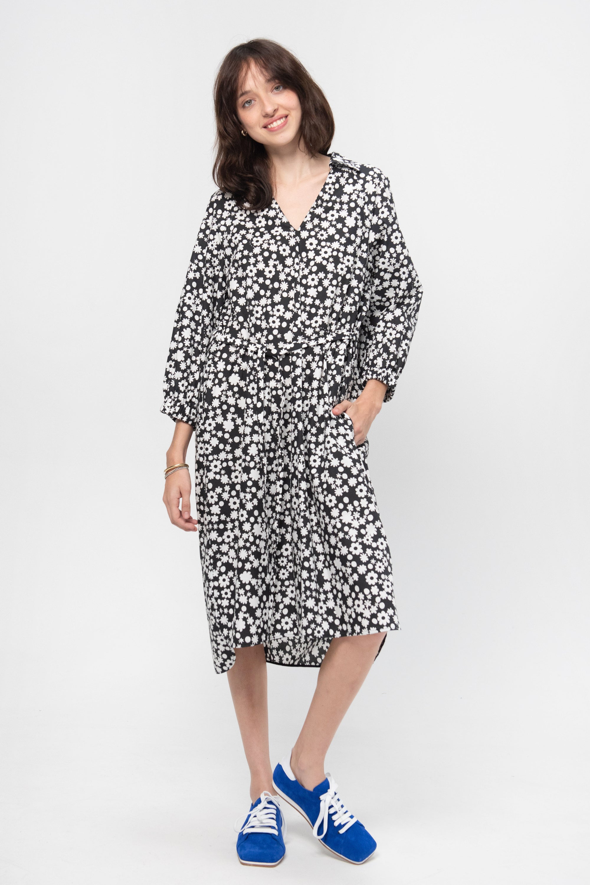 Poplin Shirt Dress with Pop Fields Motif Print, Black