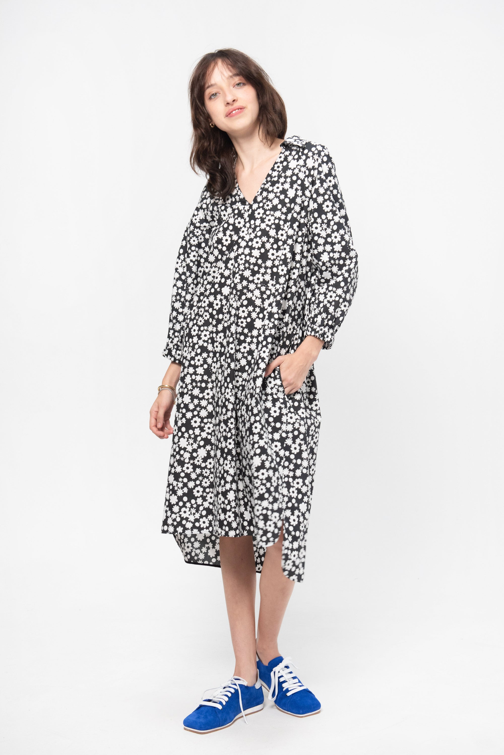 Poplin Shirt Dress with Pop Fields Motif Print, Black