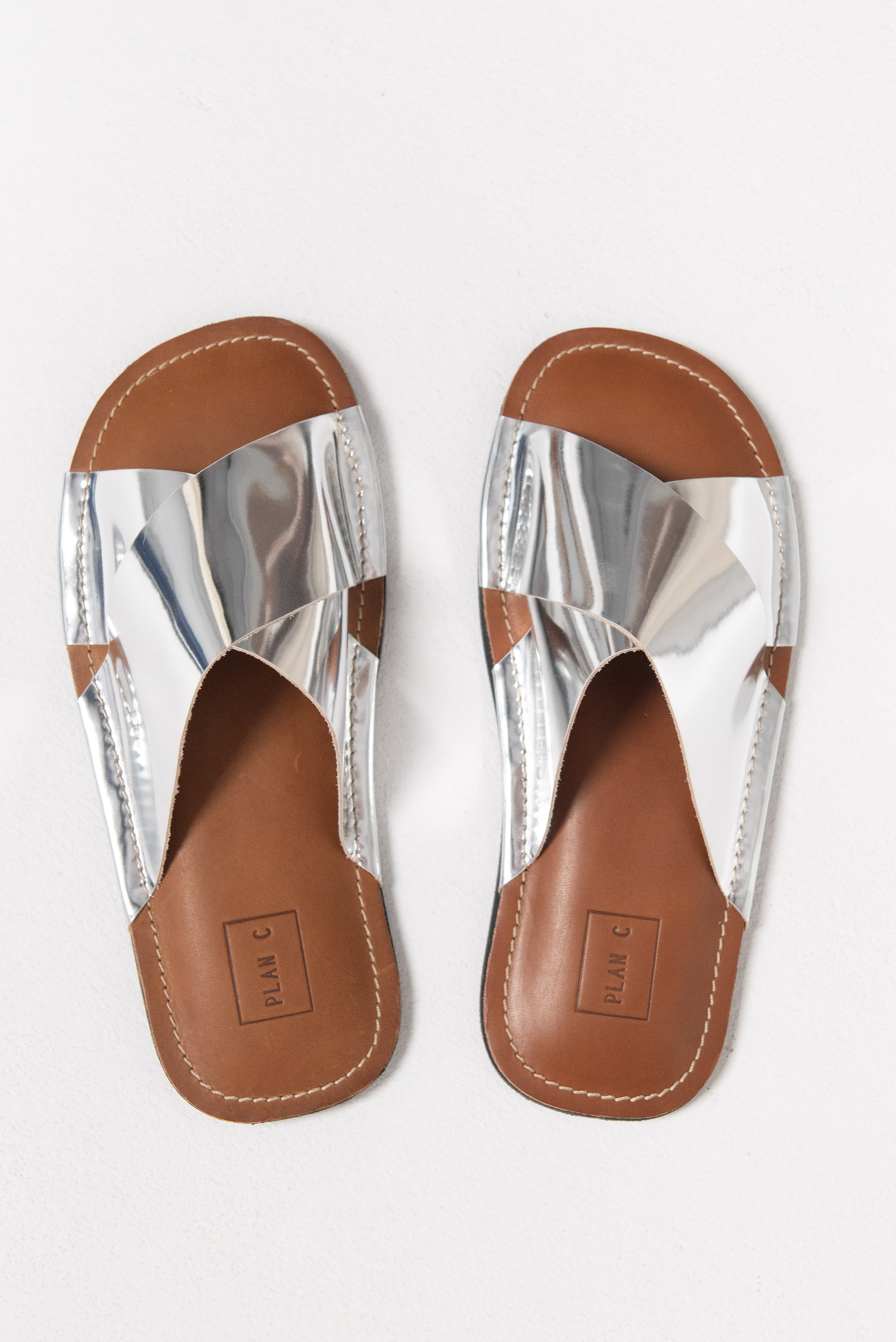 PLAN C - Cross Strap Leather Sandals, Silver