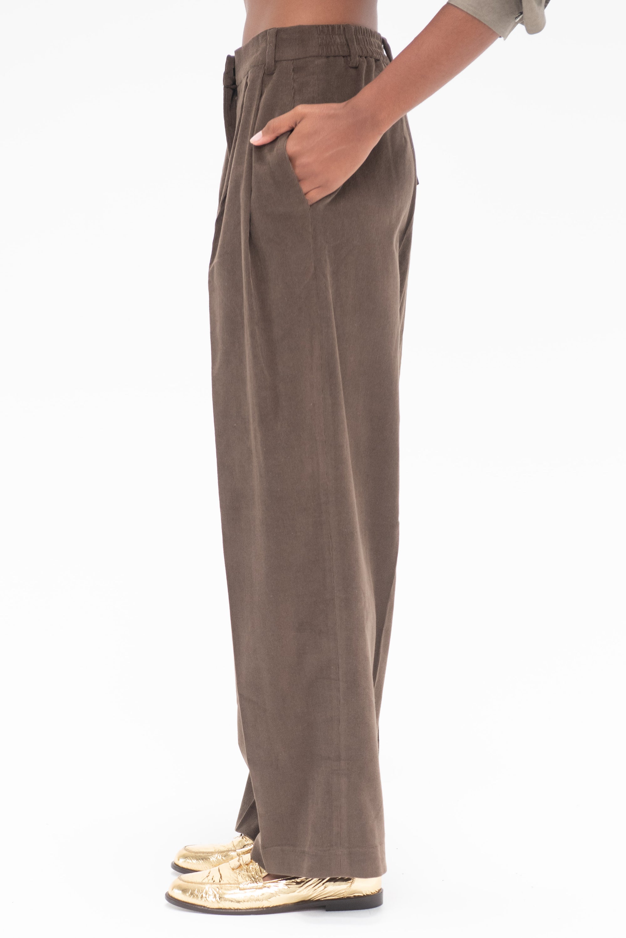 MIJEONG PARK - Thin Corduroy Wide Leg Pants, Light Brown