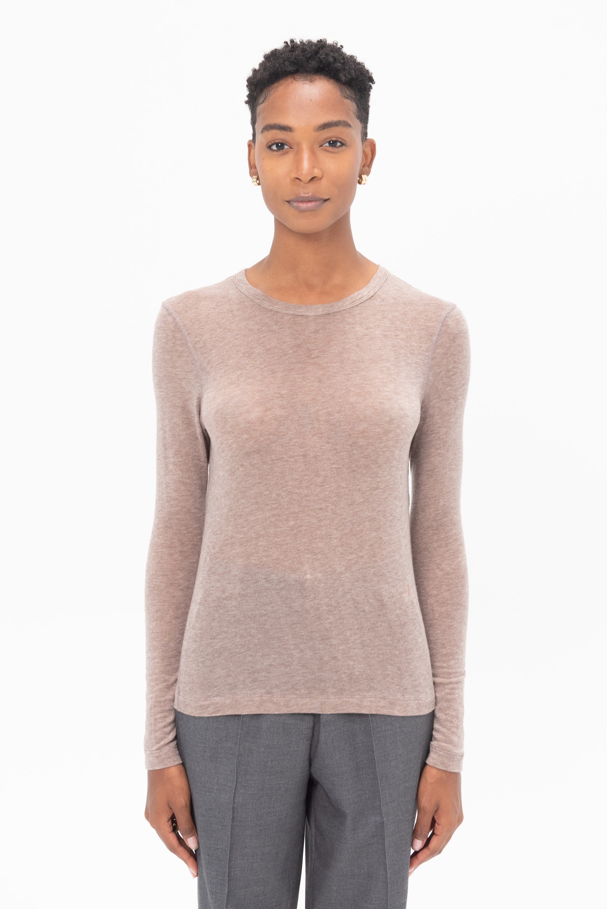 MIJEONG PARK - Wool Tencel Crewneck Top, Light Heather Brown