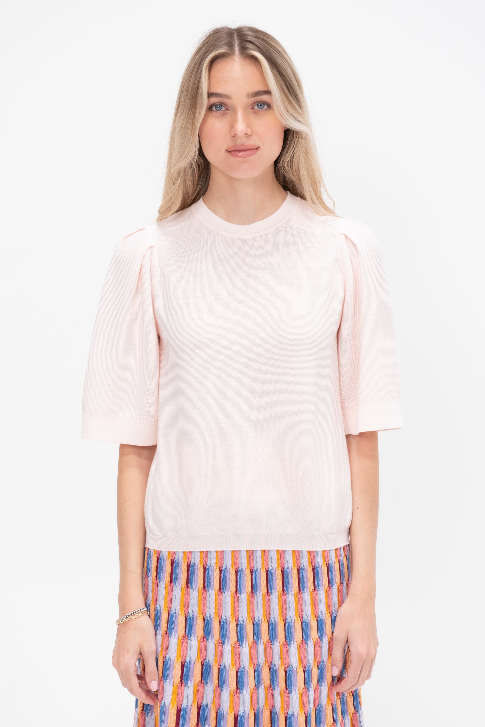 Tournesol - Pleated Elbow-Length Sleeved Knit Top, Petal