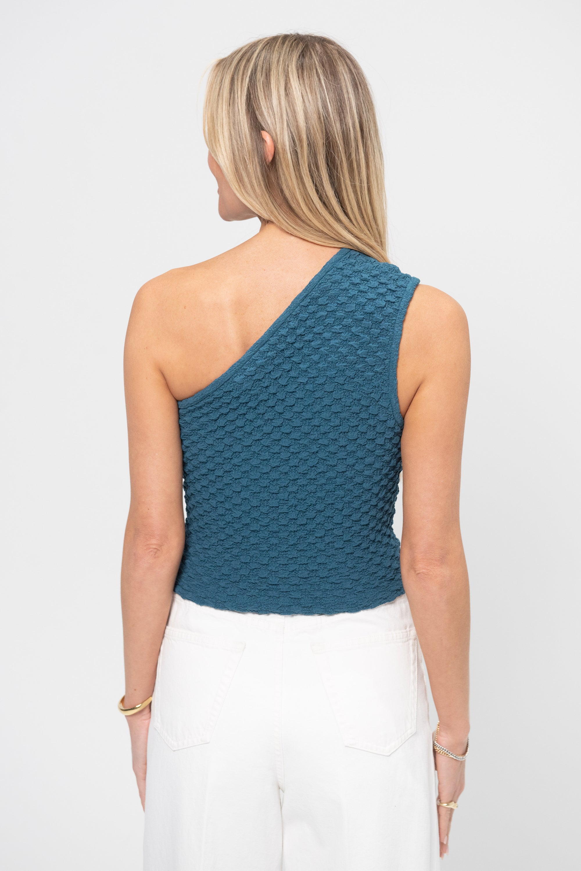 Smocked One Shoulder Top, Petrol