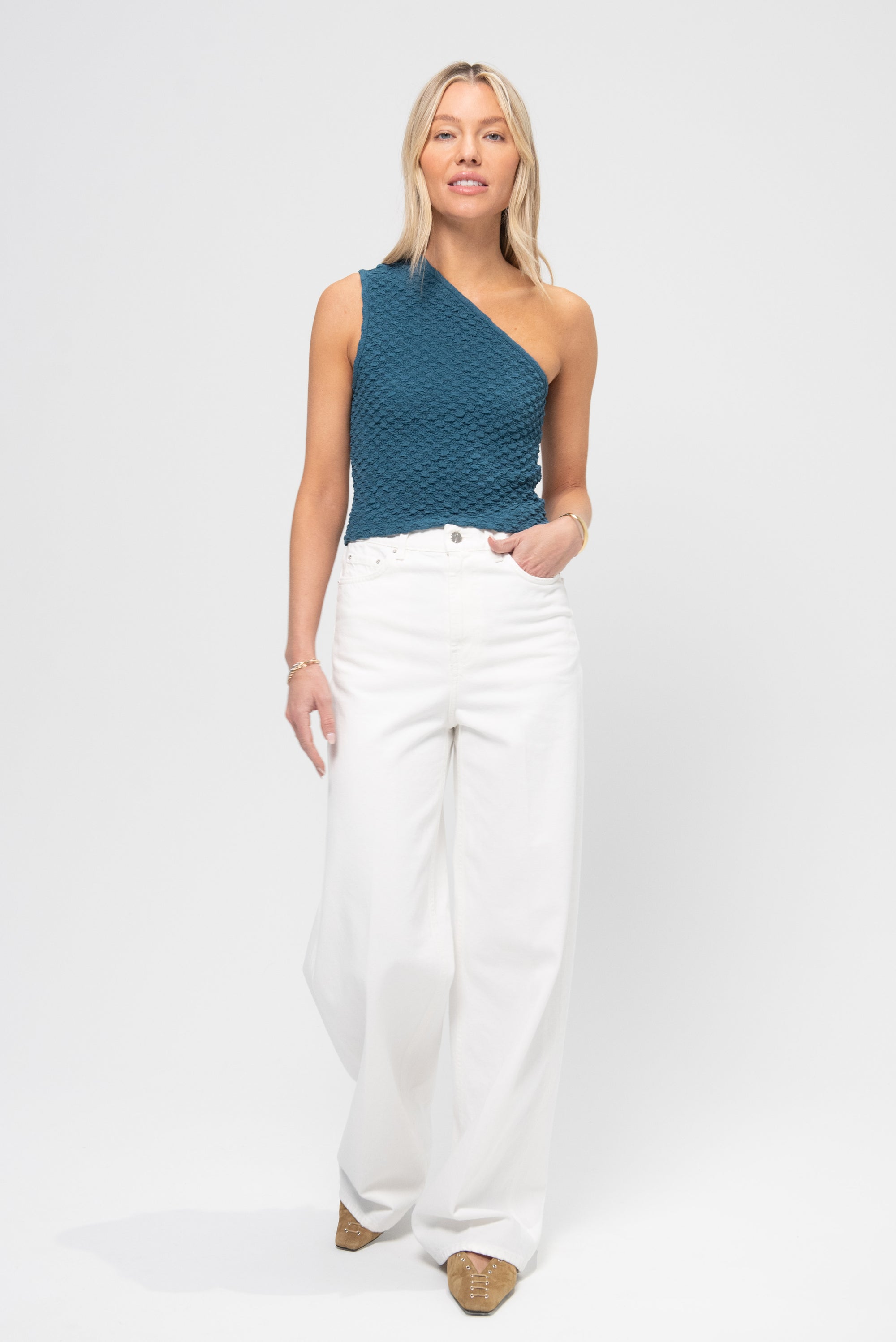 Smocked One Shoulder Top, Petrol