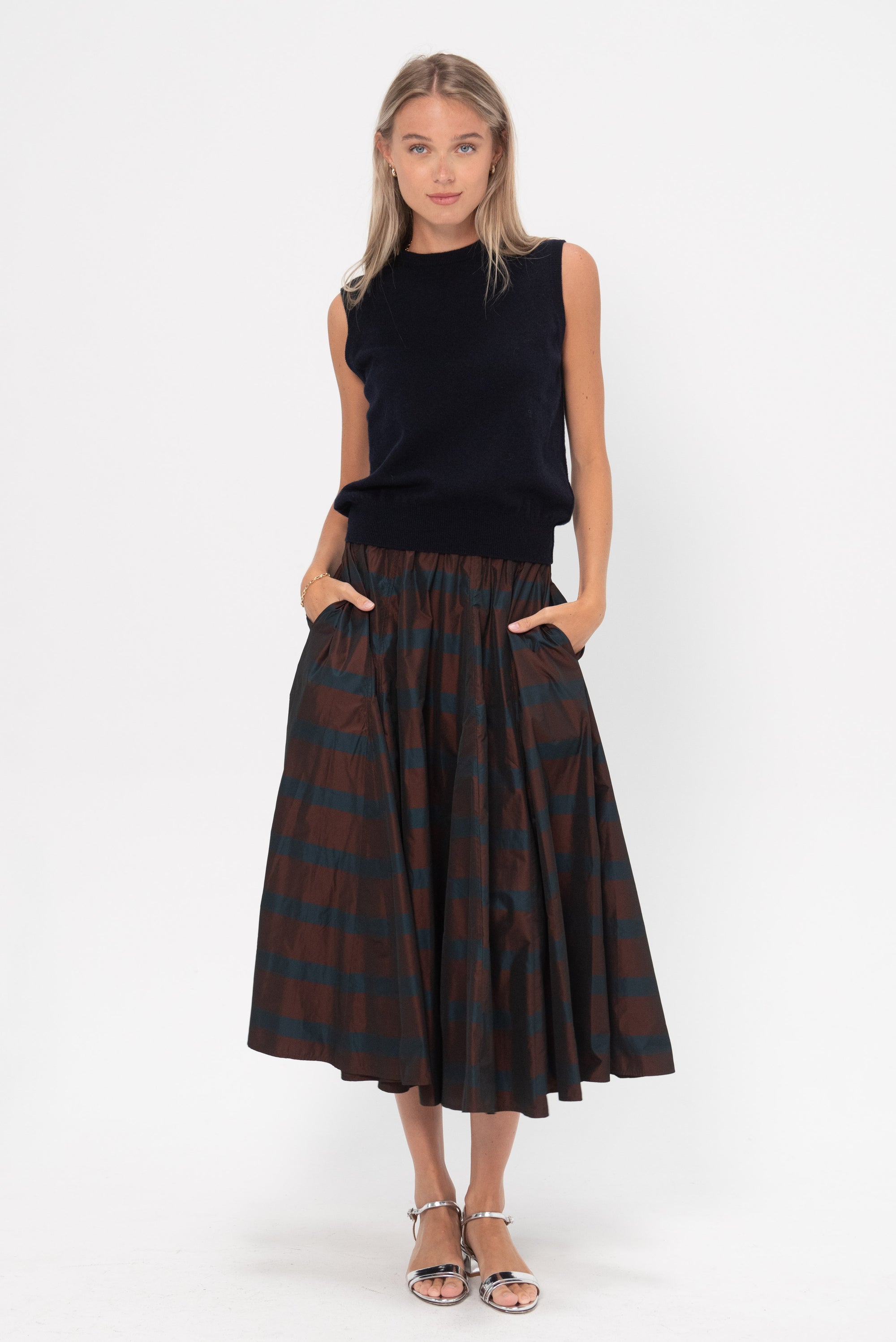 ODEEH - Striped Taffeta Skirt, Burgundy